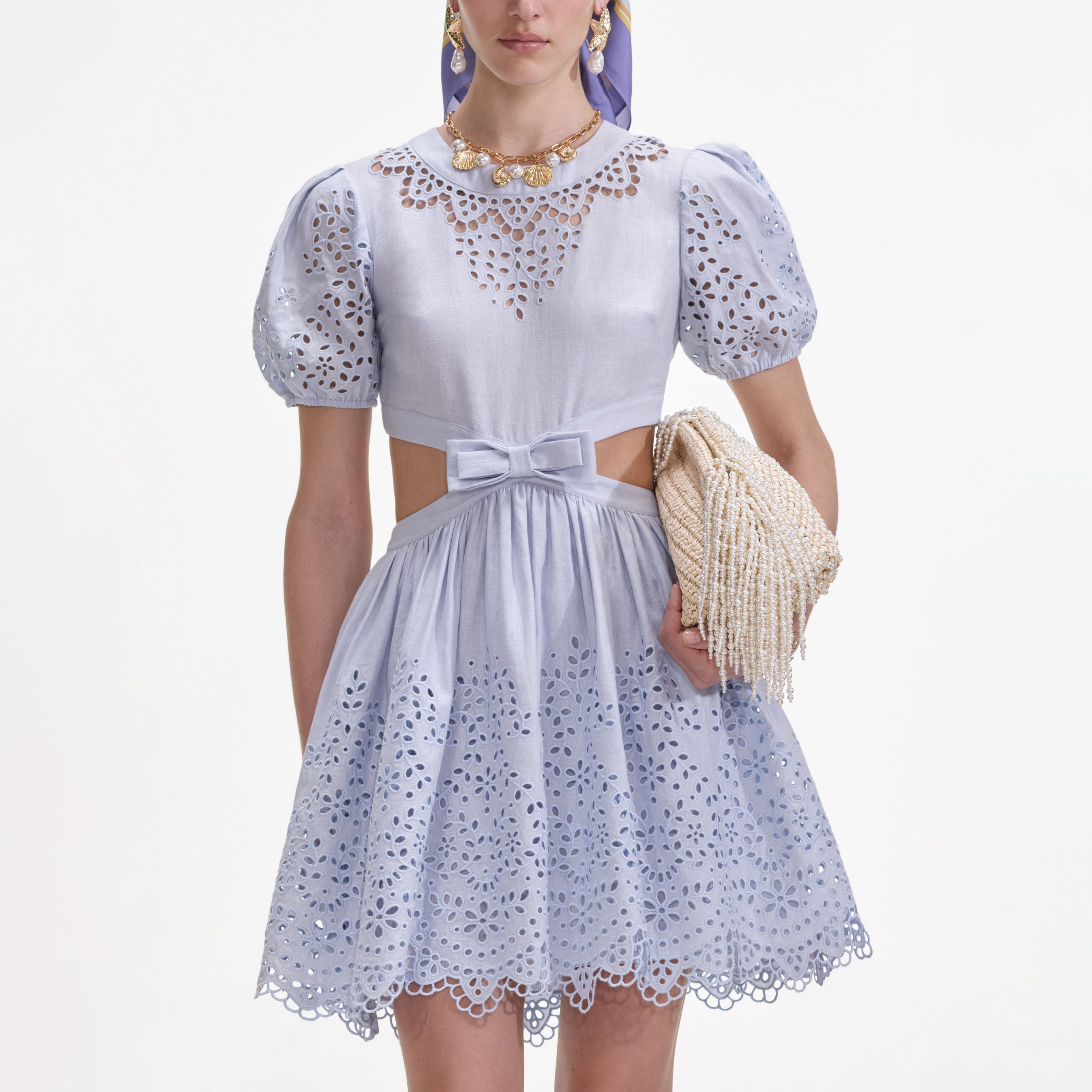 Blue Embroidered Linen Mini Dress