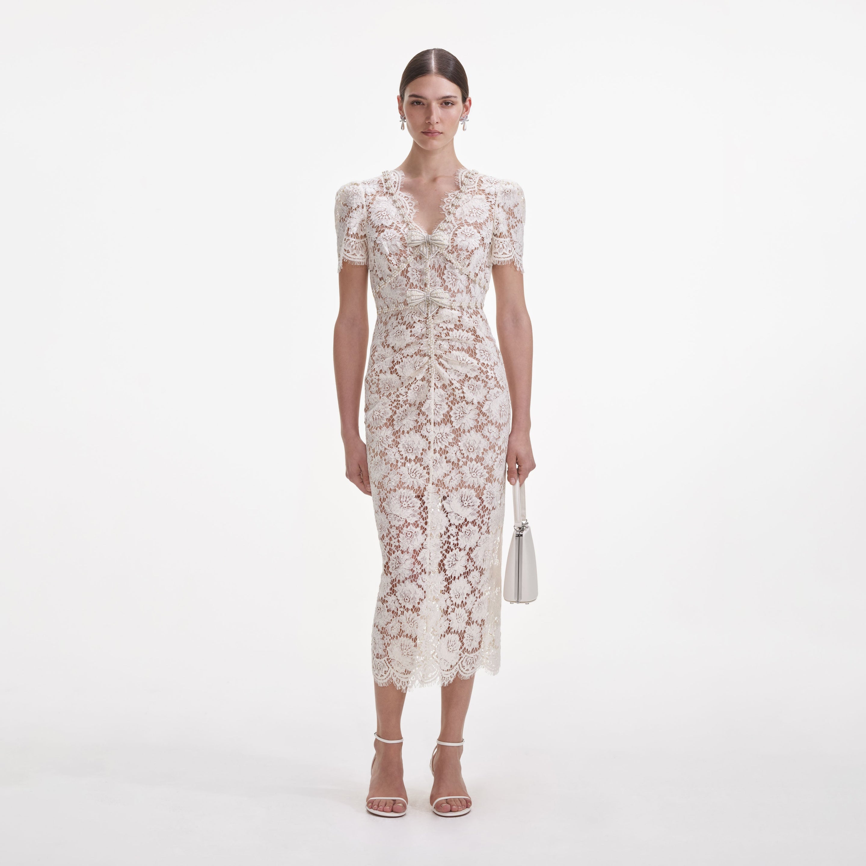 Cream Fine Lace Pearl Midi Dress – self-portrait-US