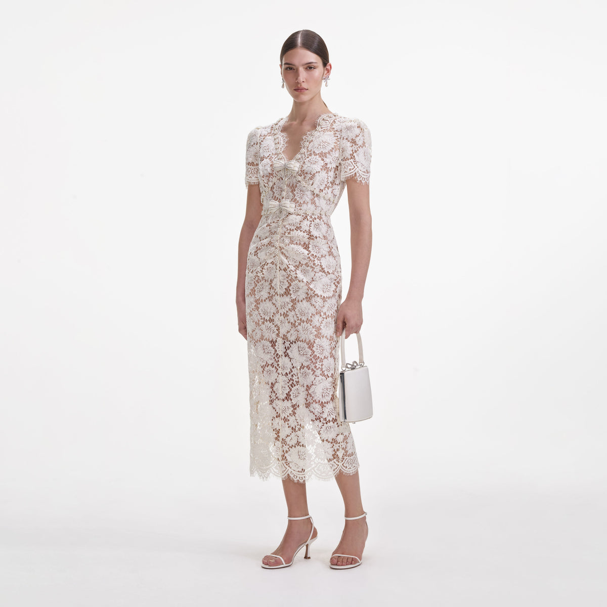 self-portrait - Cream Fine Lace Pearl Midi Dress
