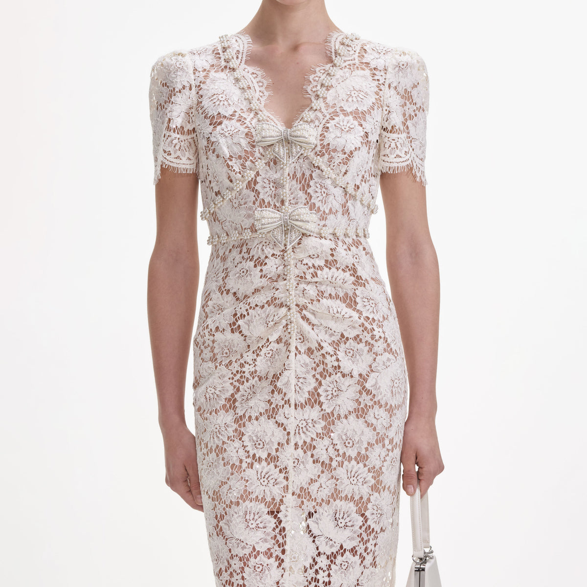 self portrait cream lace trim pleated midi dress Self-Portrait Belted Pleated Satin And Lace-Trimmed Boucl And Chiffon Midi Dress In Cream - 30% Off