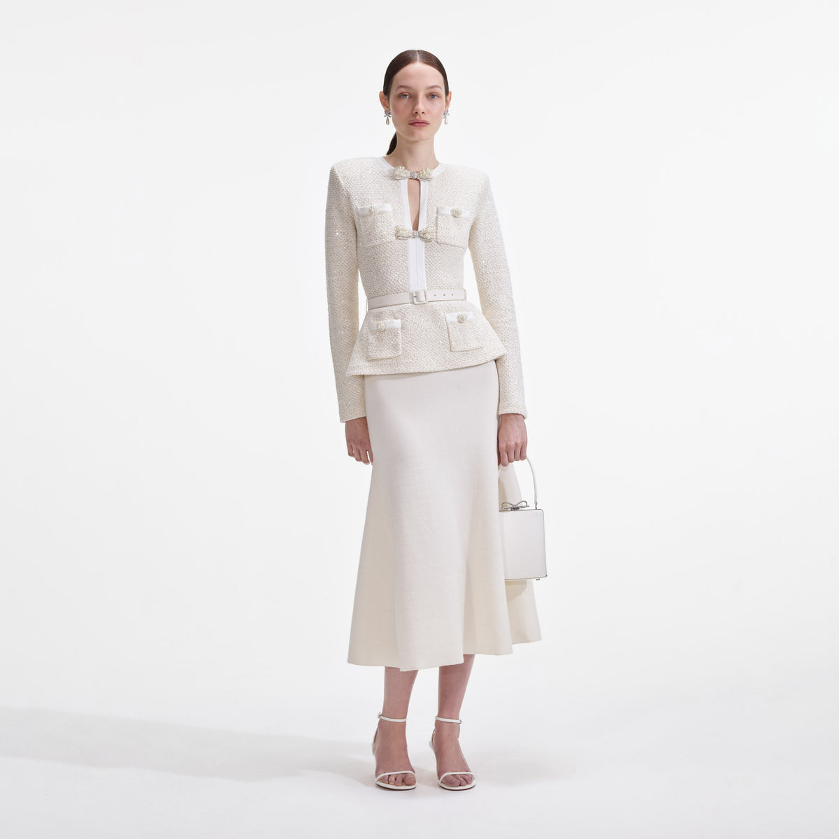 self-portrait - Cream Sequin Knit Tailored Midi Dress