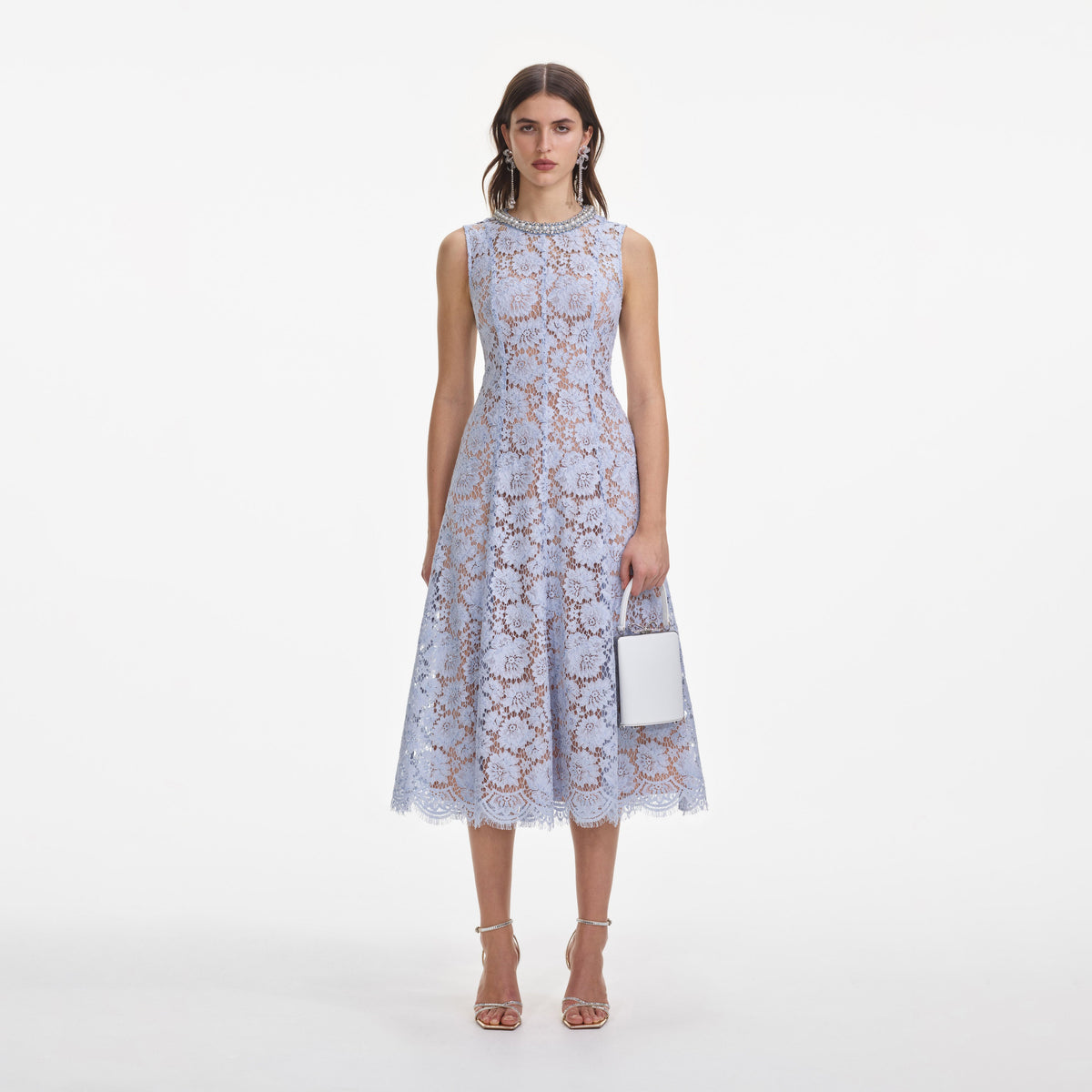 Self-Portrait Fine Lace Pearl Midi Dress - Light Blue Self-Portrait Fine Lace Pearl Midi Dress - Light Blue