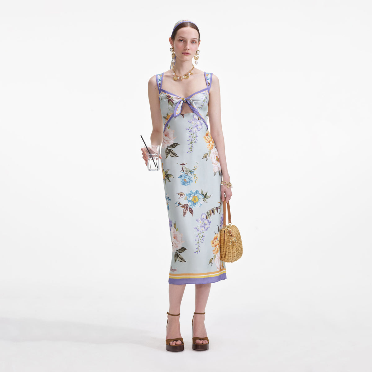 self portrait cold shoulder floral print satin midi dress Blue Floral Silk Twill Midi Dress – self-portrait-US