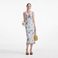 Blue Floral Silk Twill Midi Dress