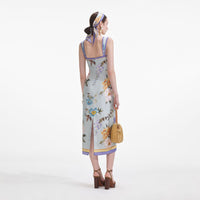 Blue Floral Silk Twill Midi Dress