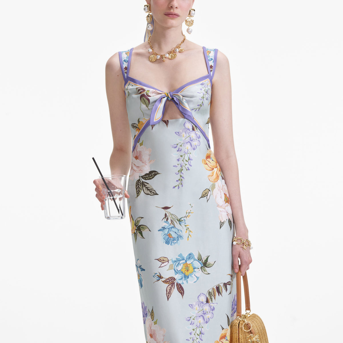 self portrait off shoulder floral dress Blue Floral Silk Twill Midi Dress – self-portrait-US