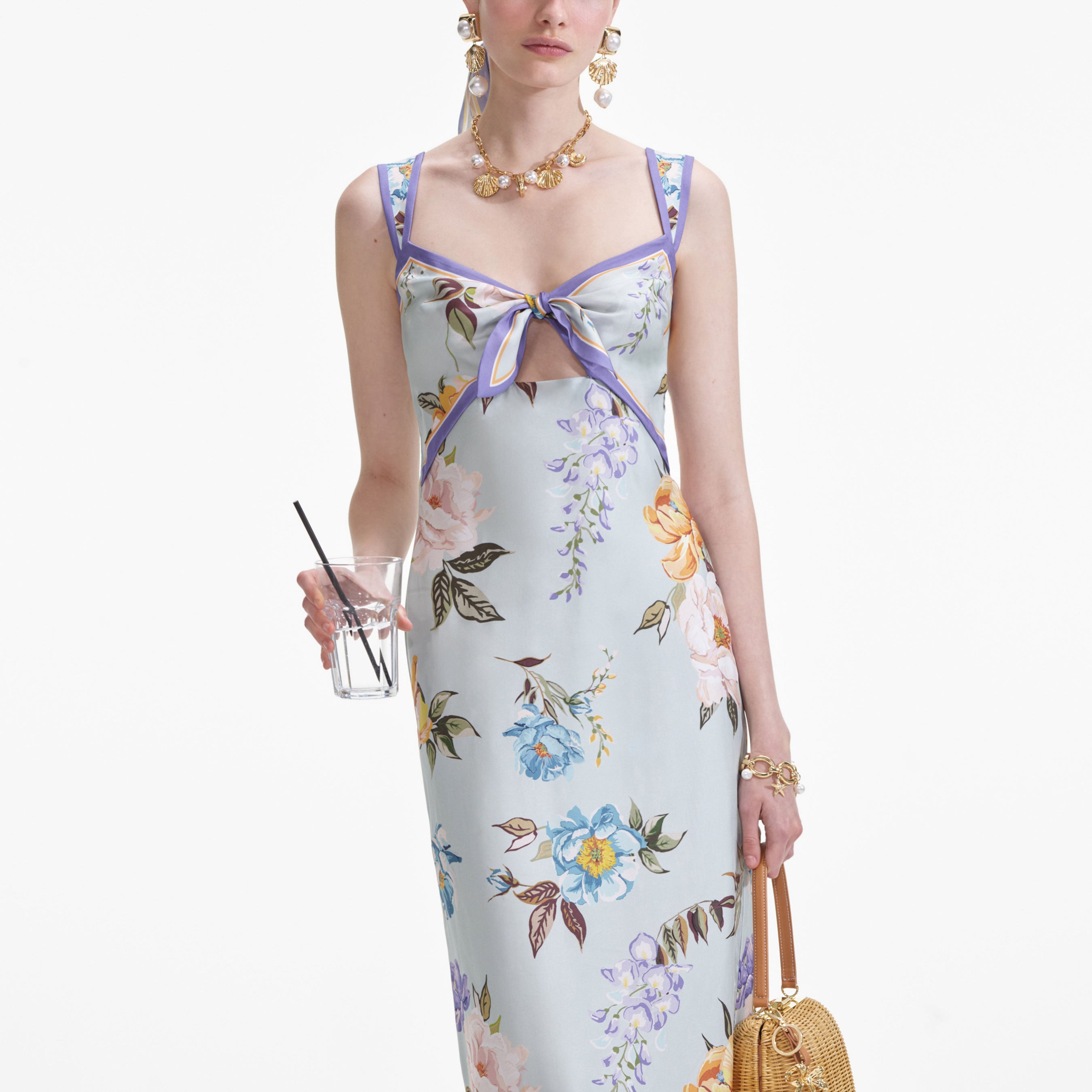 Blue Floral Silk Twill Midi Dress