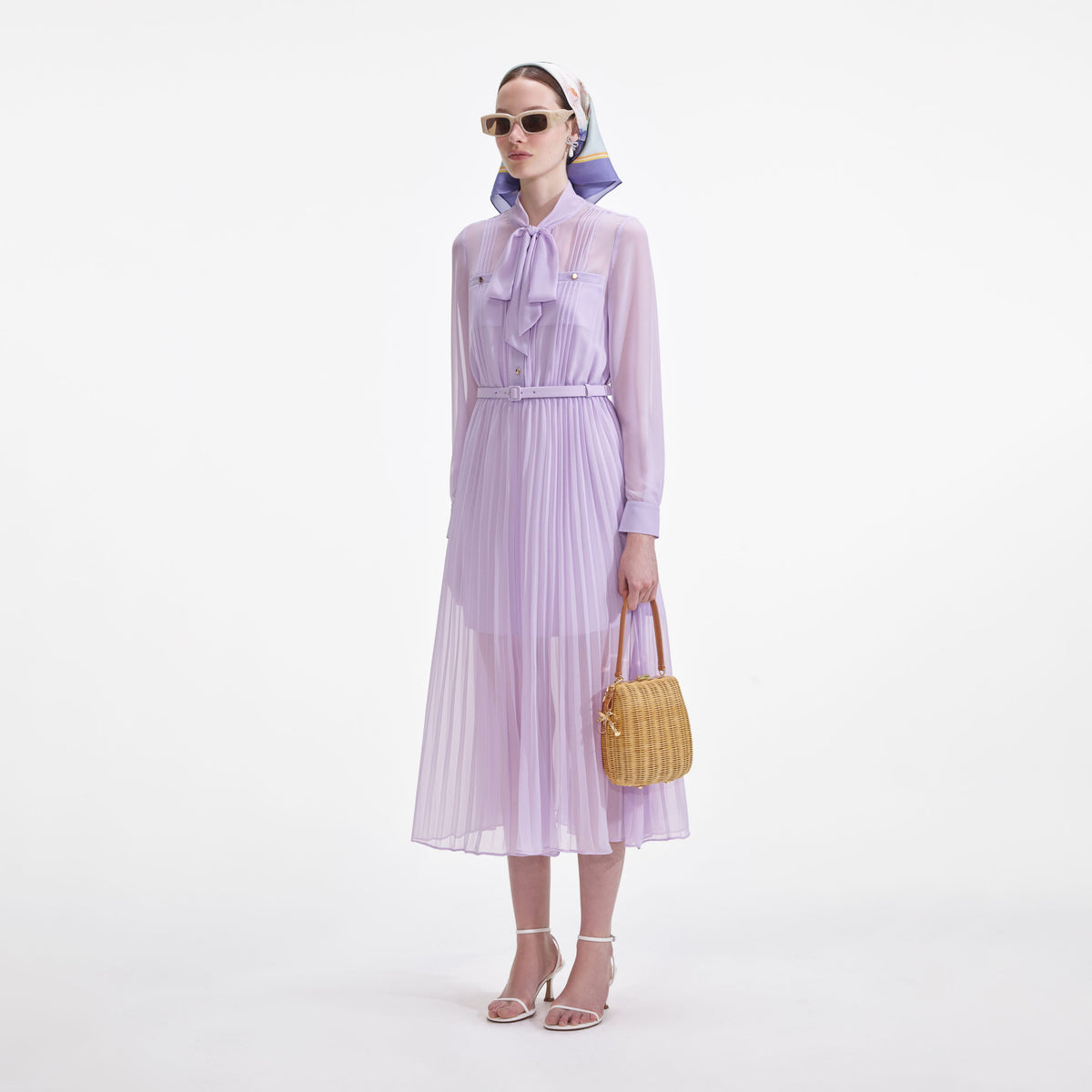 self-portrait - Lilac Chiffon Tie Neck Midi Dress