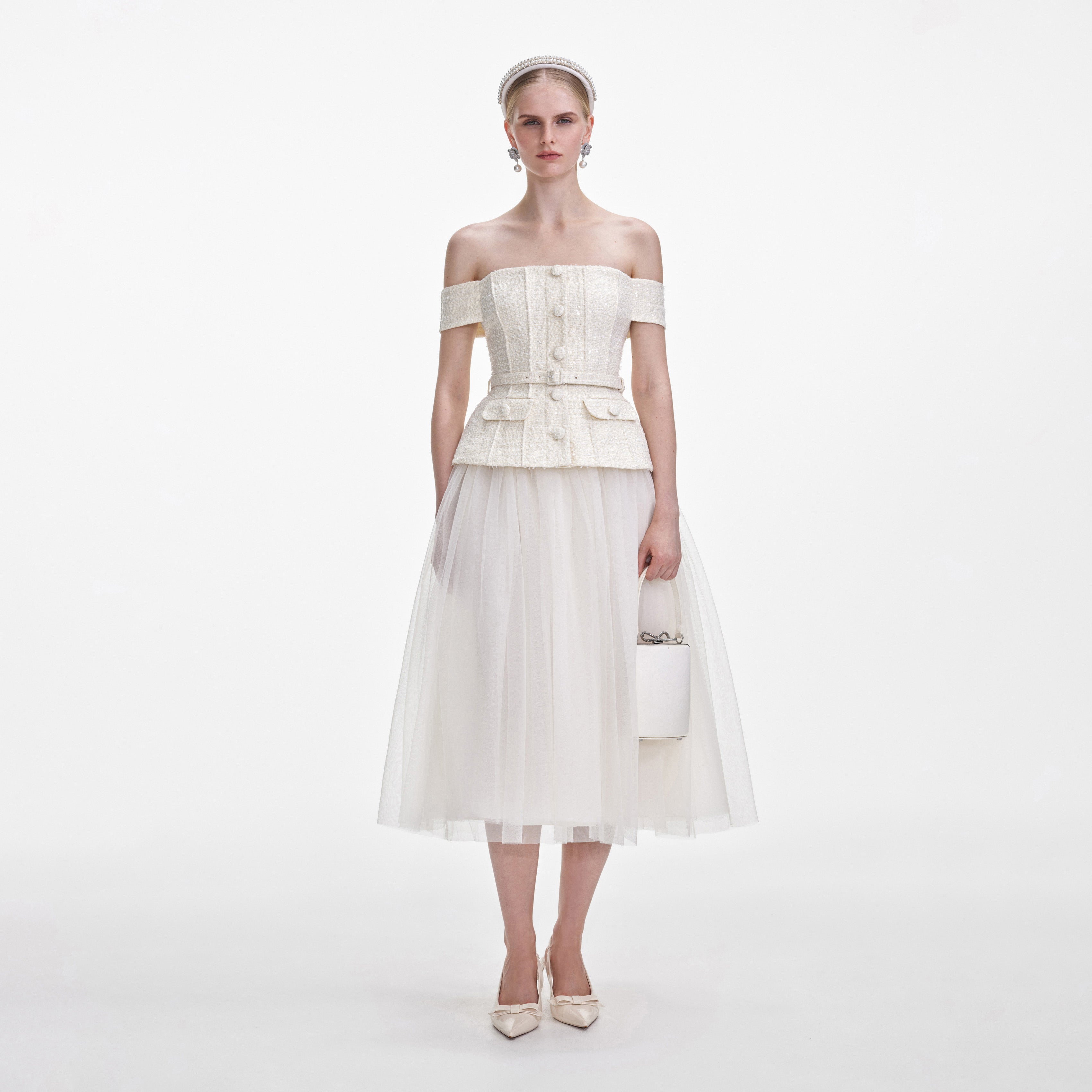 Cream Boucle Tulle Midi Dress – self-portrait-US - Main Image