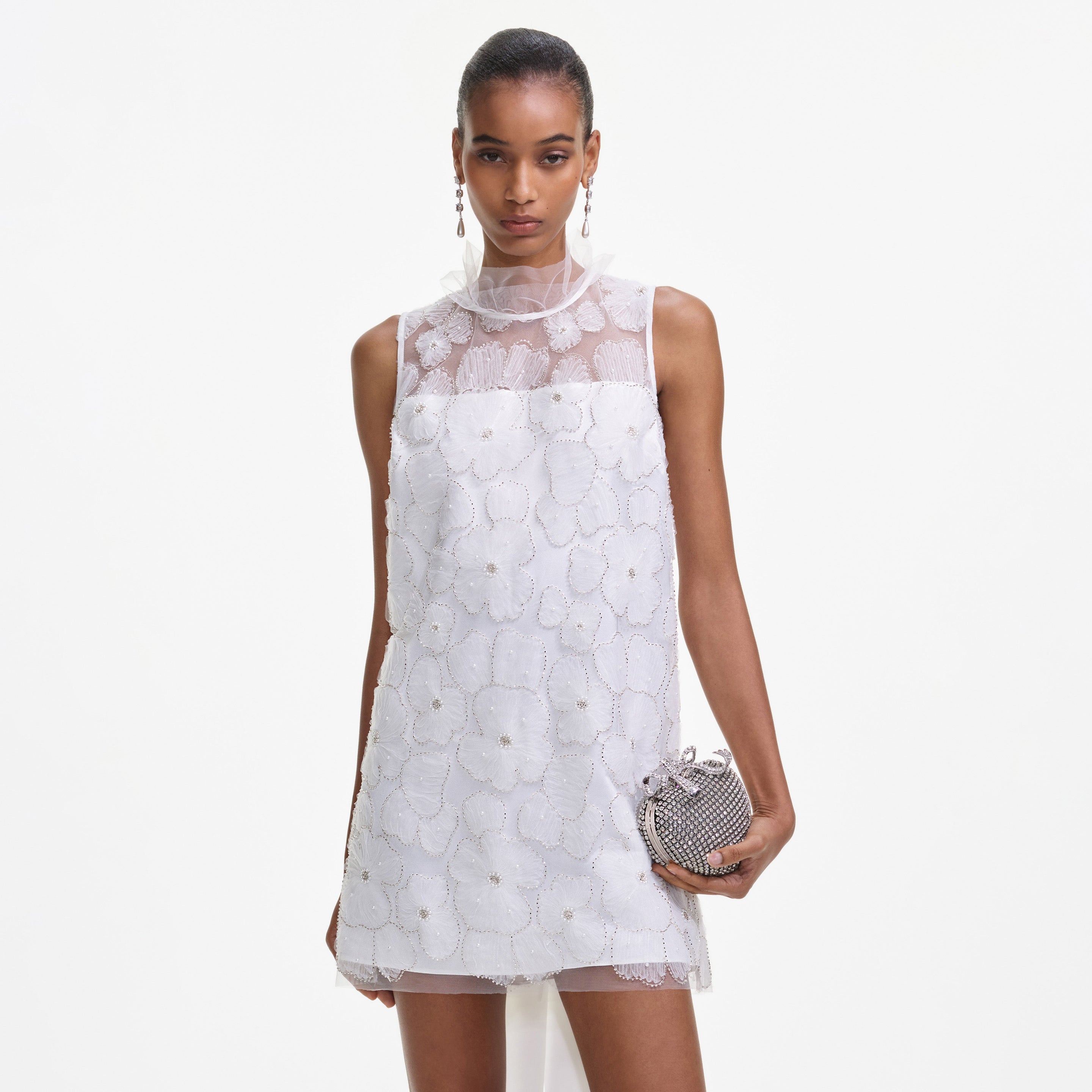 White Tulle Satin Bow Mini Dress – self-portrait-US