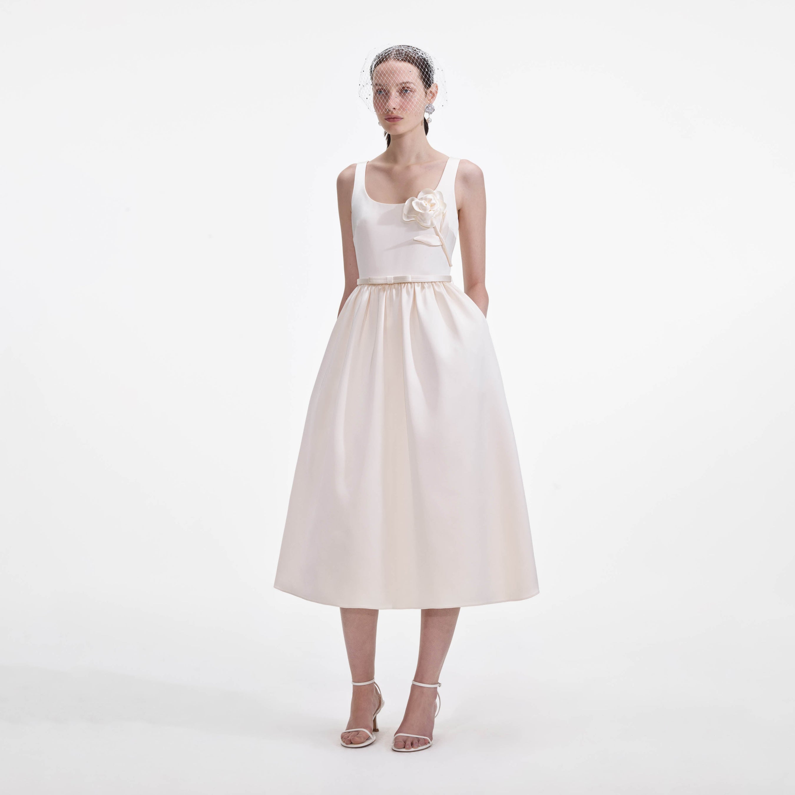 Cream Satin Flower Midi Dress