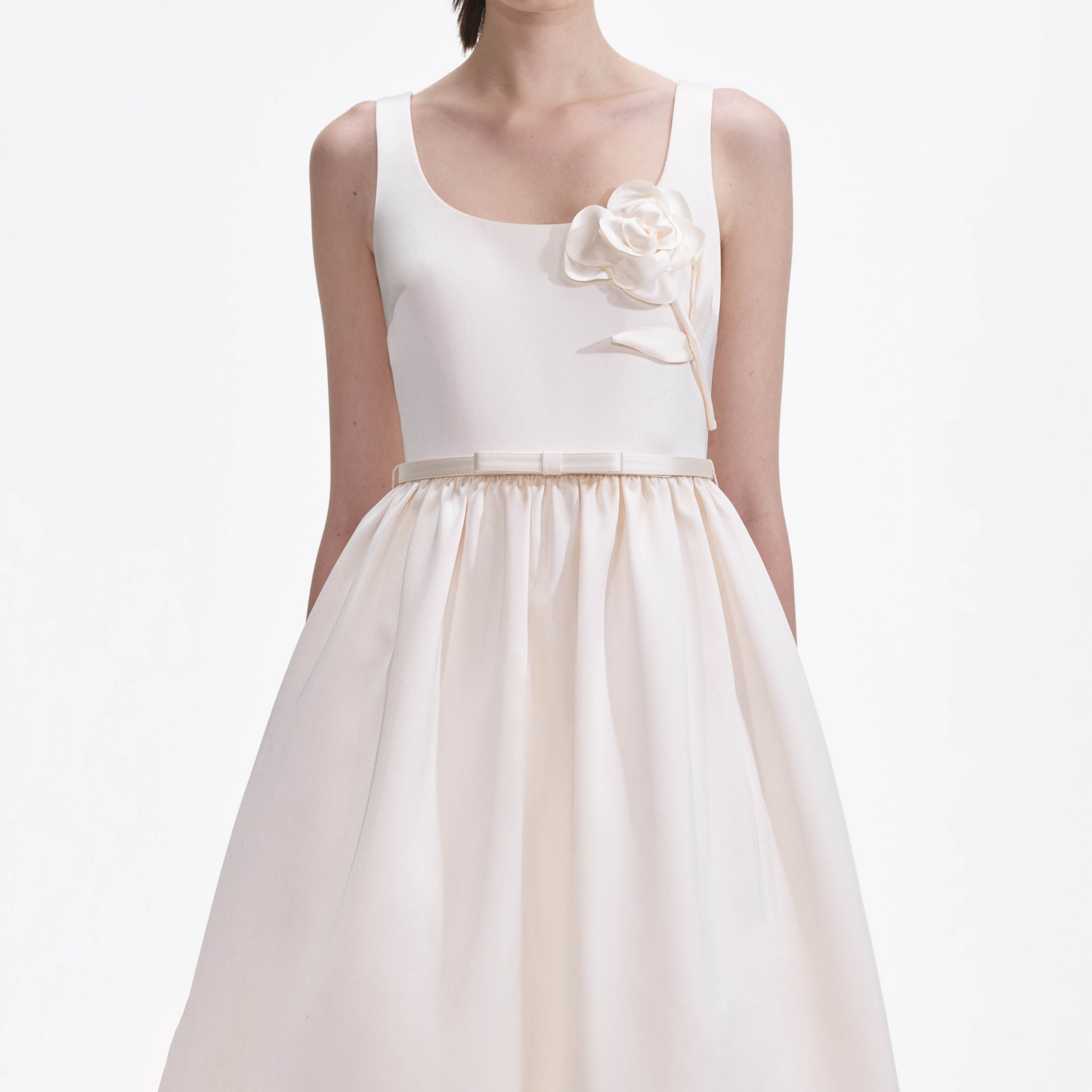 Cream Satin Flower Midi Dress