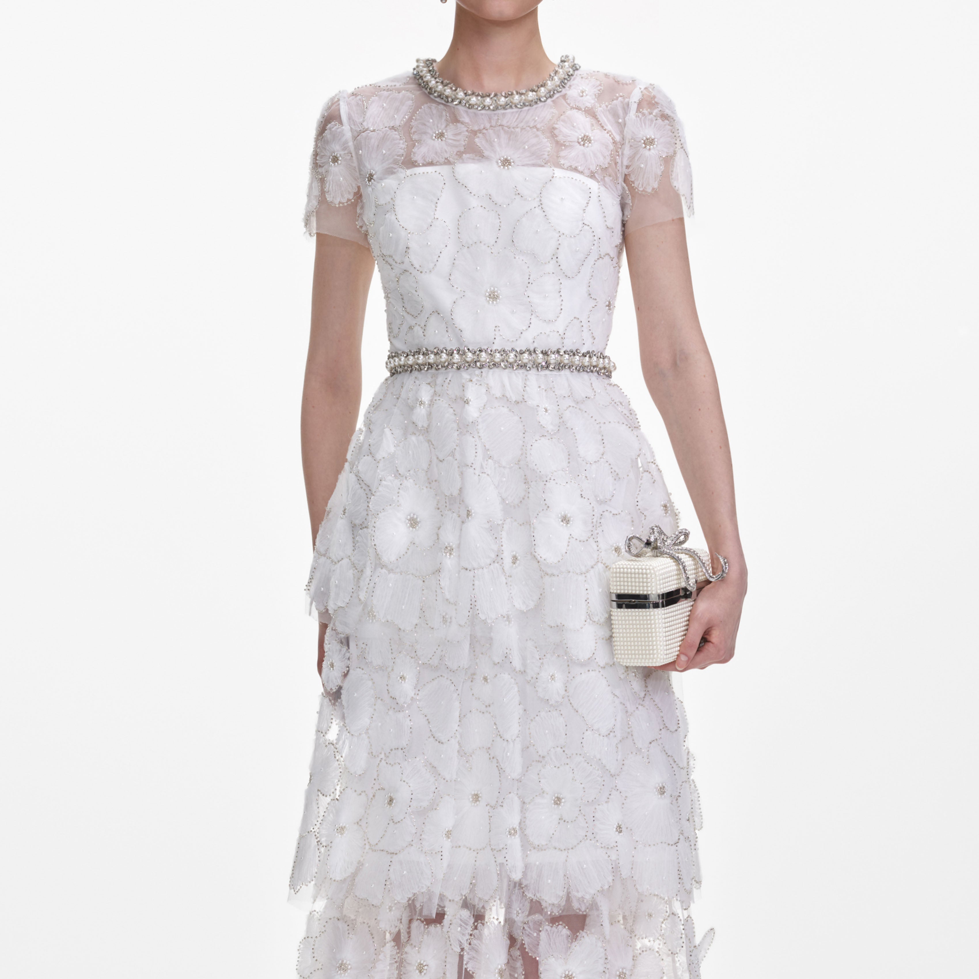 White Embellished Tulle Tiered Midi Dress