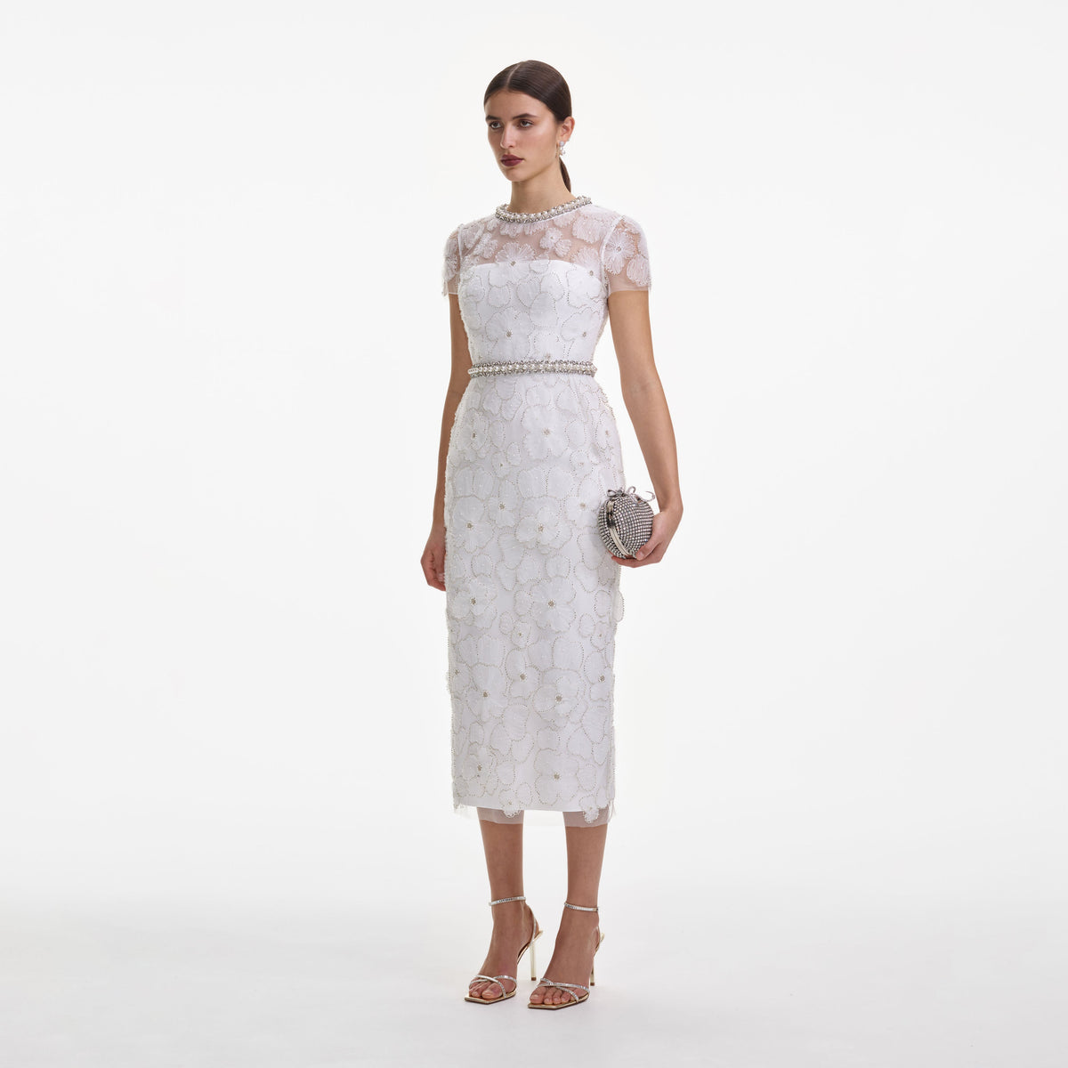 self-portrait - White Embellished Tulle Midi Dress