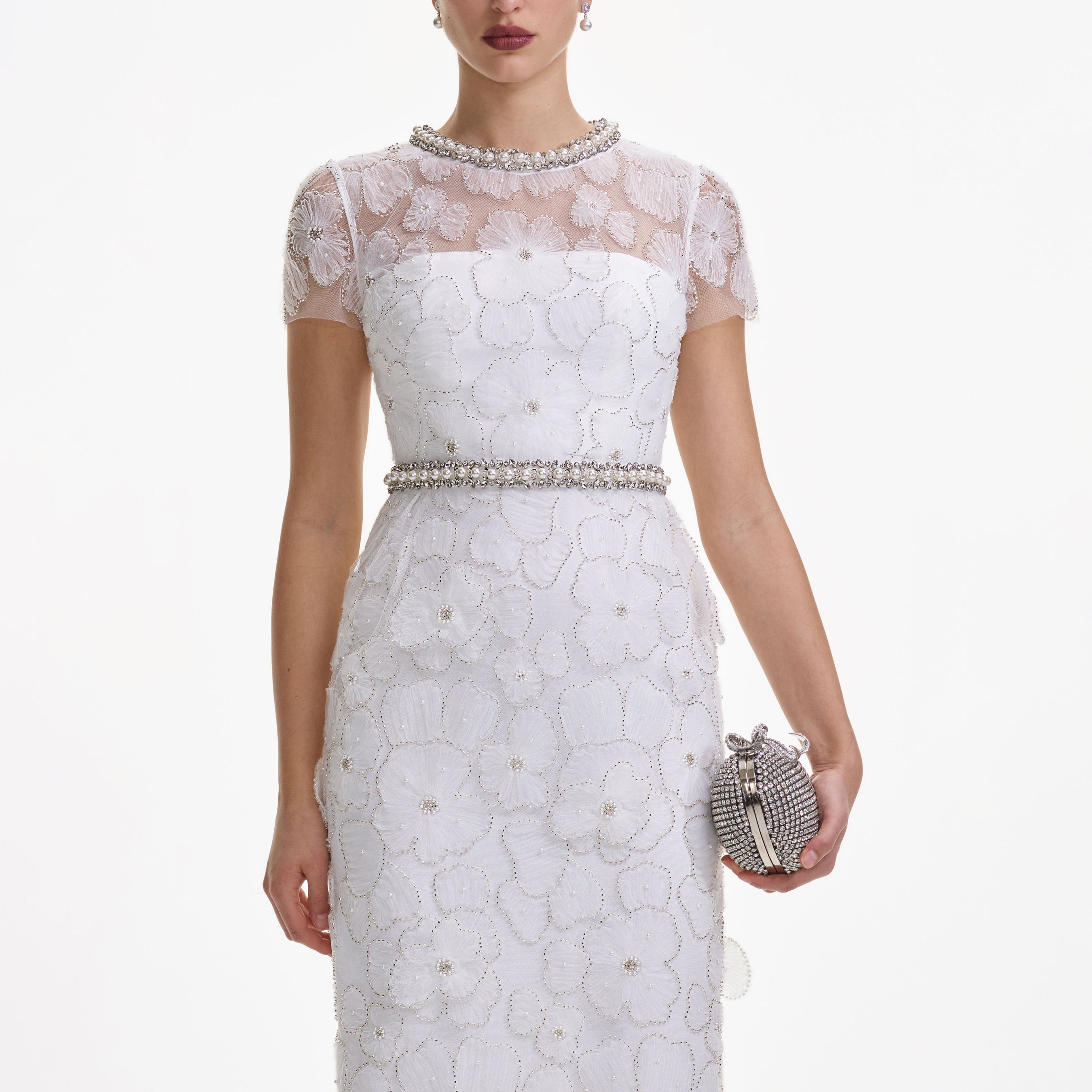 White Embellished Tulle Midi Dress