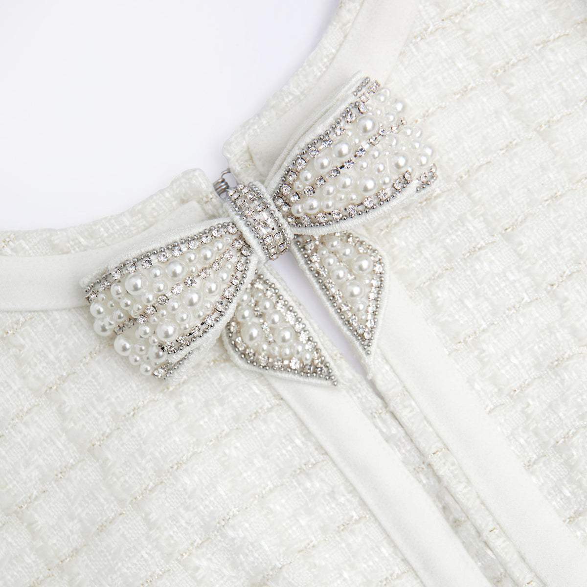 cream boucle diamante bow mini dress self-portrait - Cream Boucle Bow Detail Mini Dress