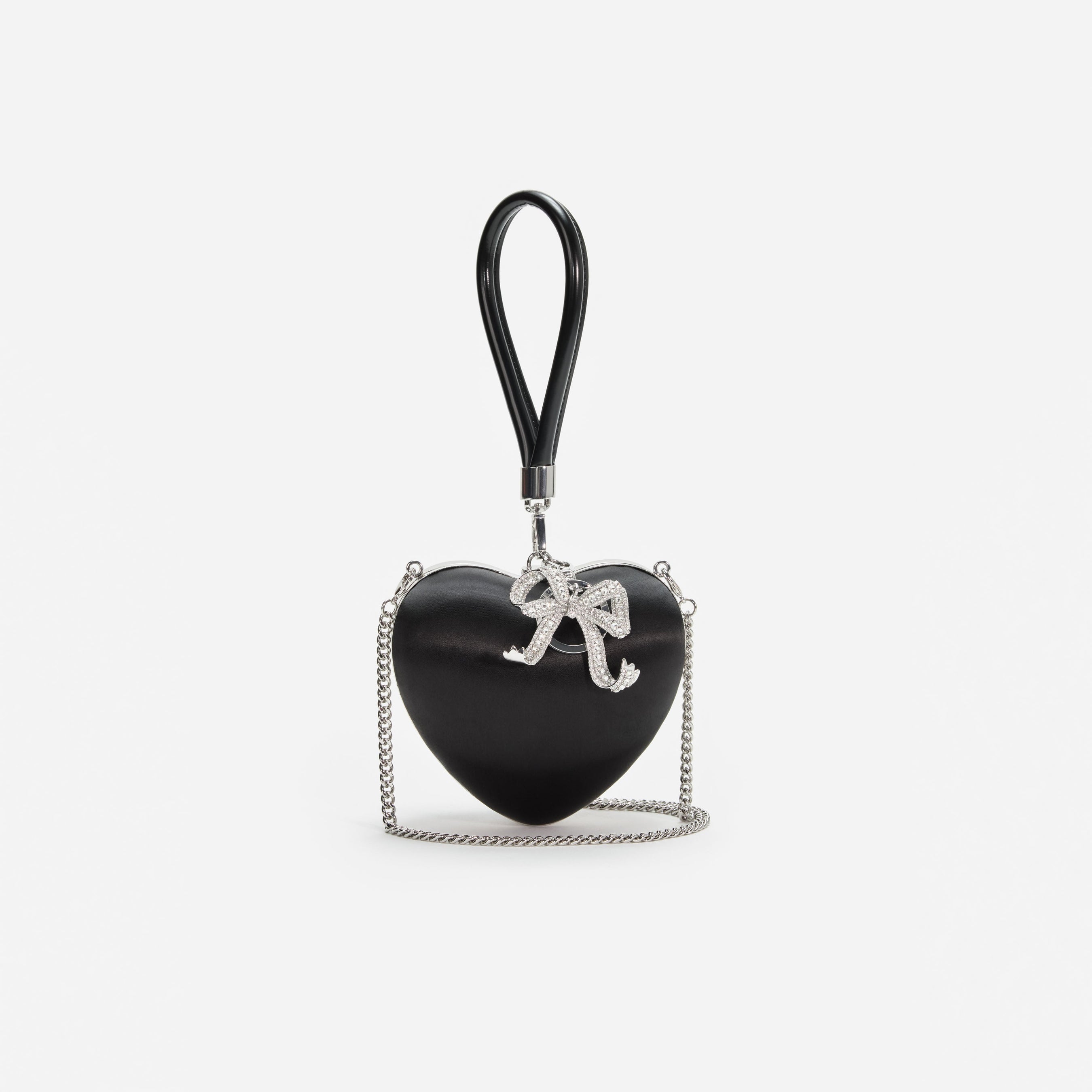 Black Satin Top Handle Heart Clutch