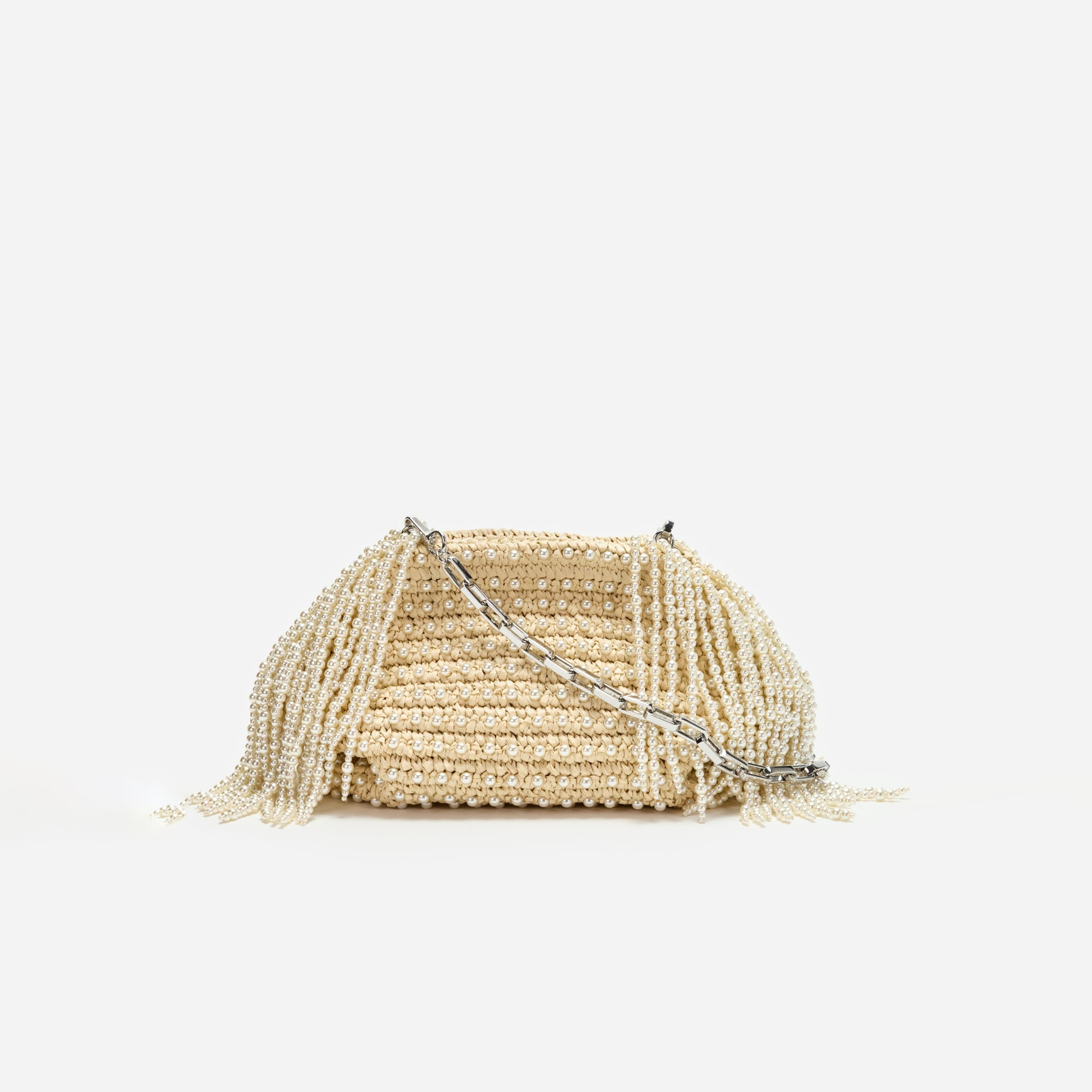 Raffia Pearl Fringe Clutch