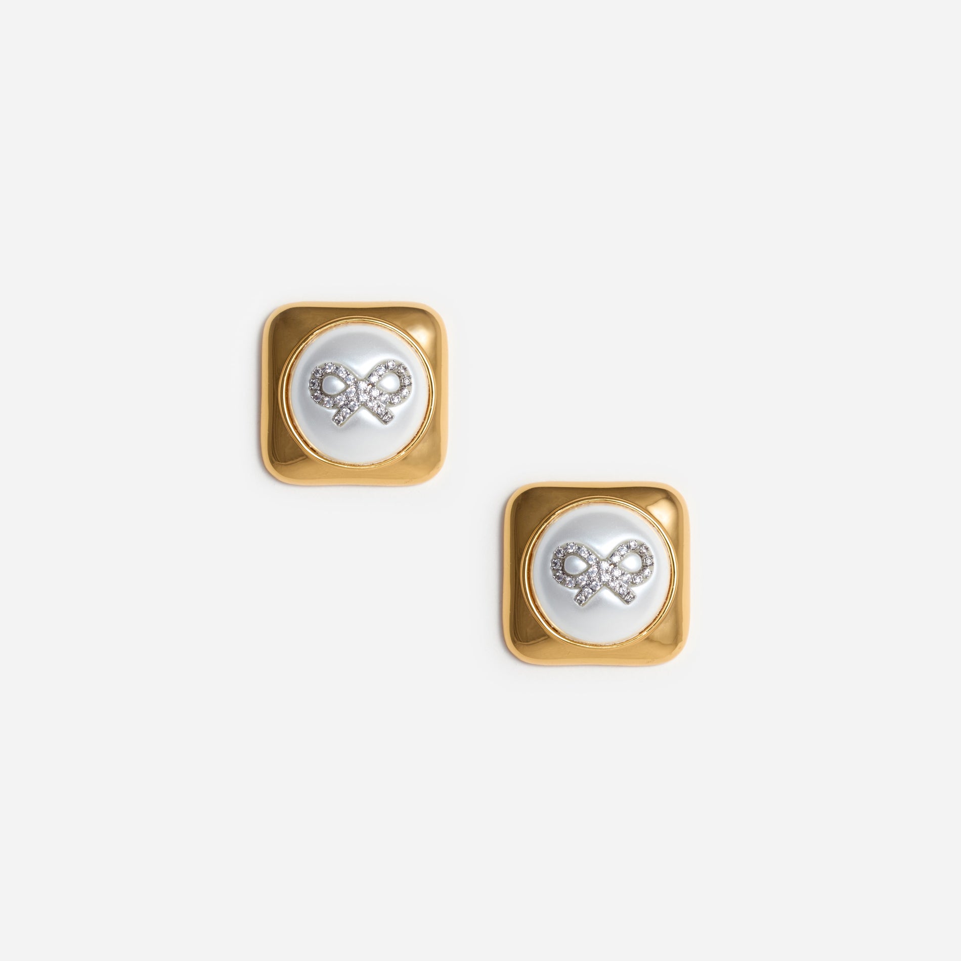 Bow Pearl Gold Square Earrings