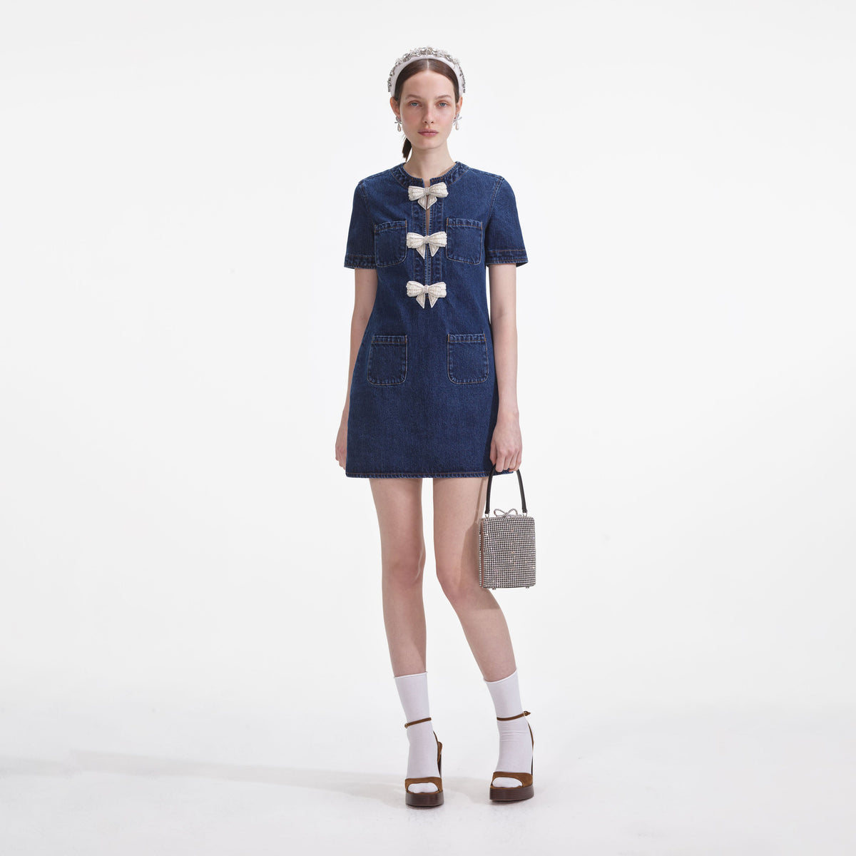 bow shoulder denim mini dress Denim Crystal Bow Mini Dress