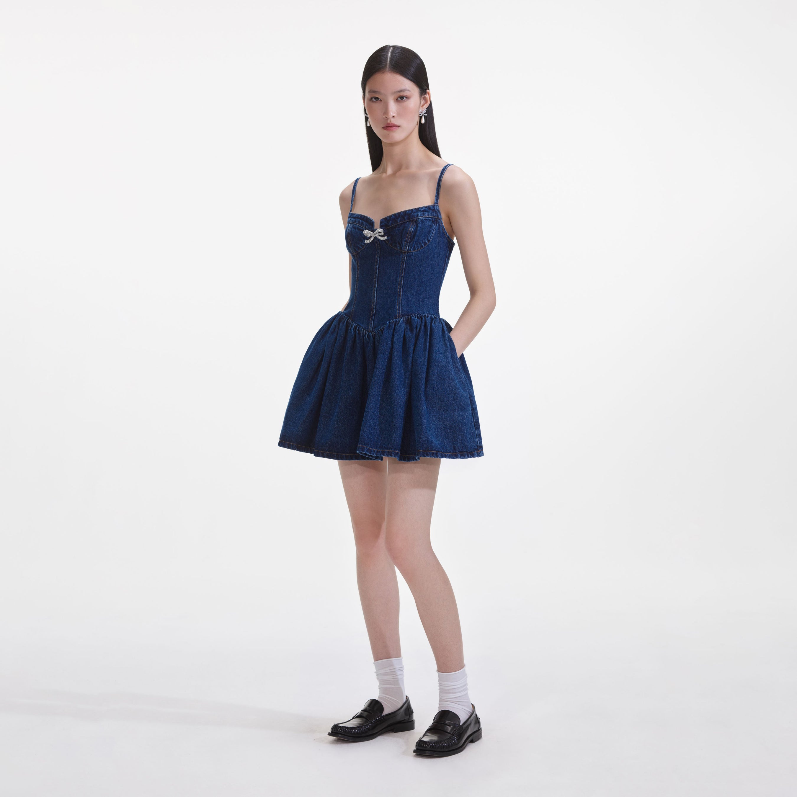 Denim Diamante Bow Sweetheart Mini Dress