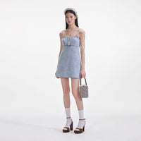 Light Blue Denim Pearl Mini Dress