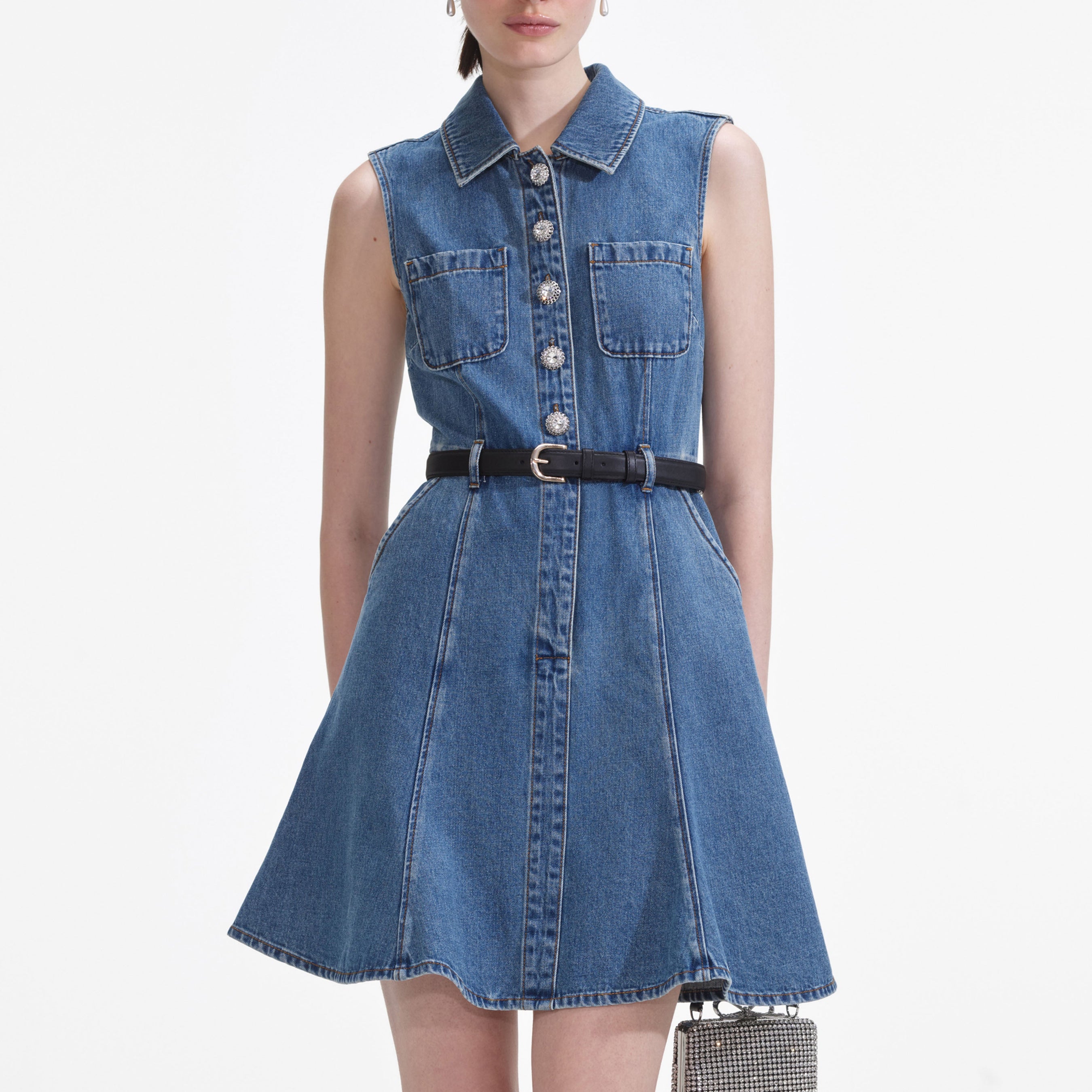 Denim Sleeveless Pearl Mini Dress