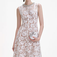 White Fine Lace Pearl Midi Dress