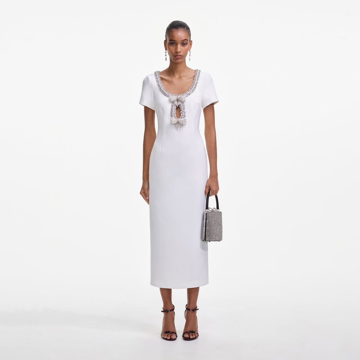 white crepe a line midi dress with bow straps White Sleeveless Crepe Midi Dress with Bow Straps