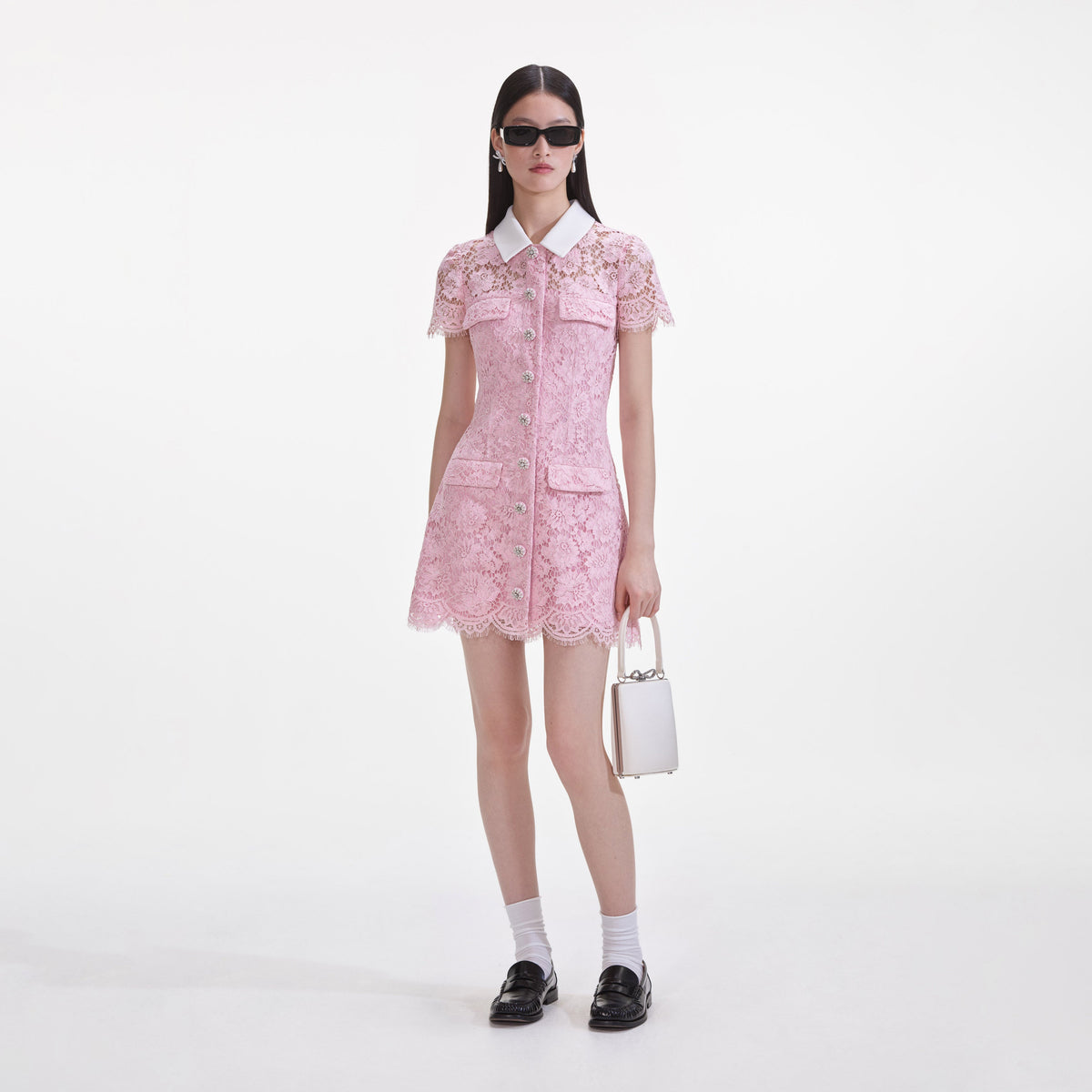 self-portrait - Pink Lace Contrast Collared Mini Dress - US 12 self-portrait - Pink Lace Contrast Collared Mini Dress - US 12