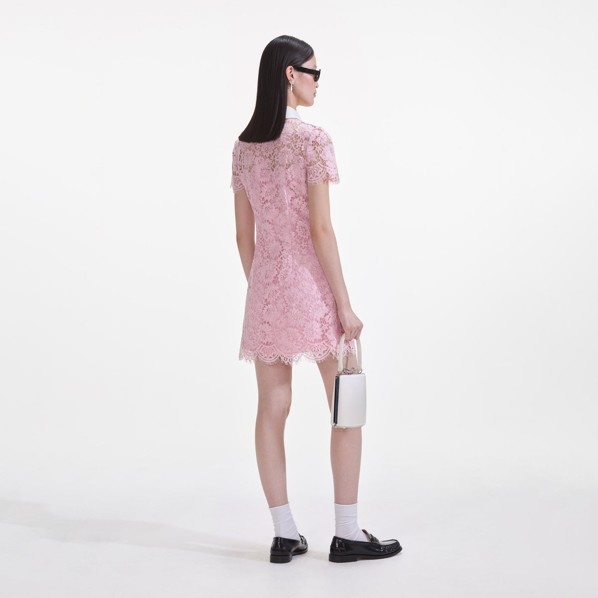 self-portrait - Pink Lace Contrast Collared Mini Dress