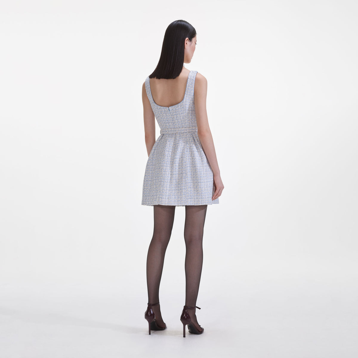 self portrait blue boucle mini dress Navy Boucle Sleeveless Mini Dress self-portrait
