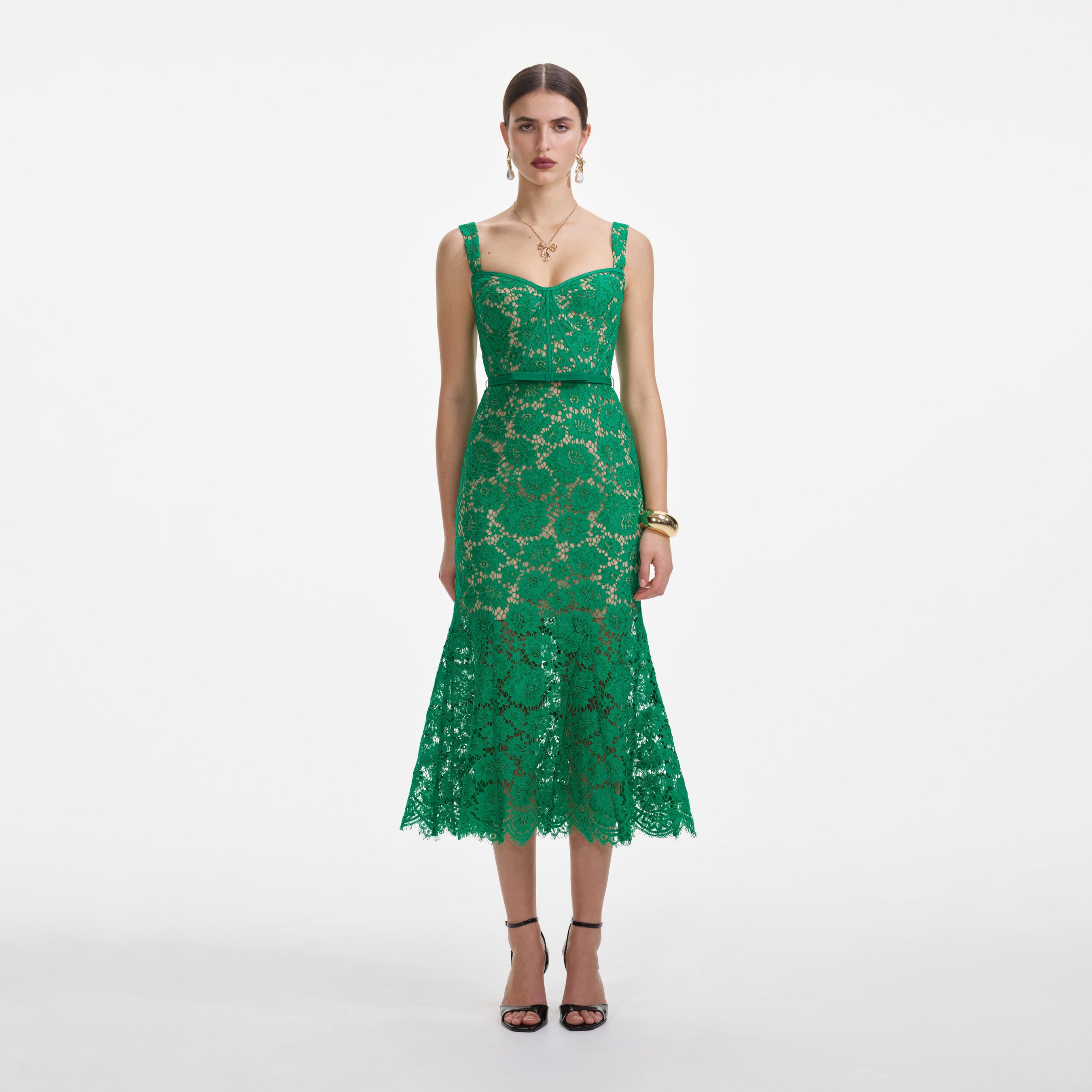 Green Fine Lace Midi Dress