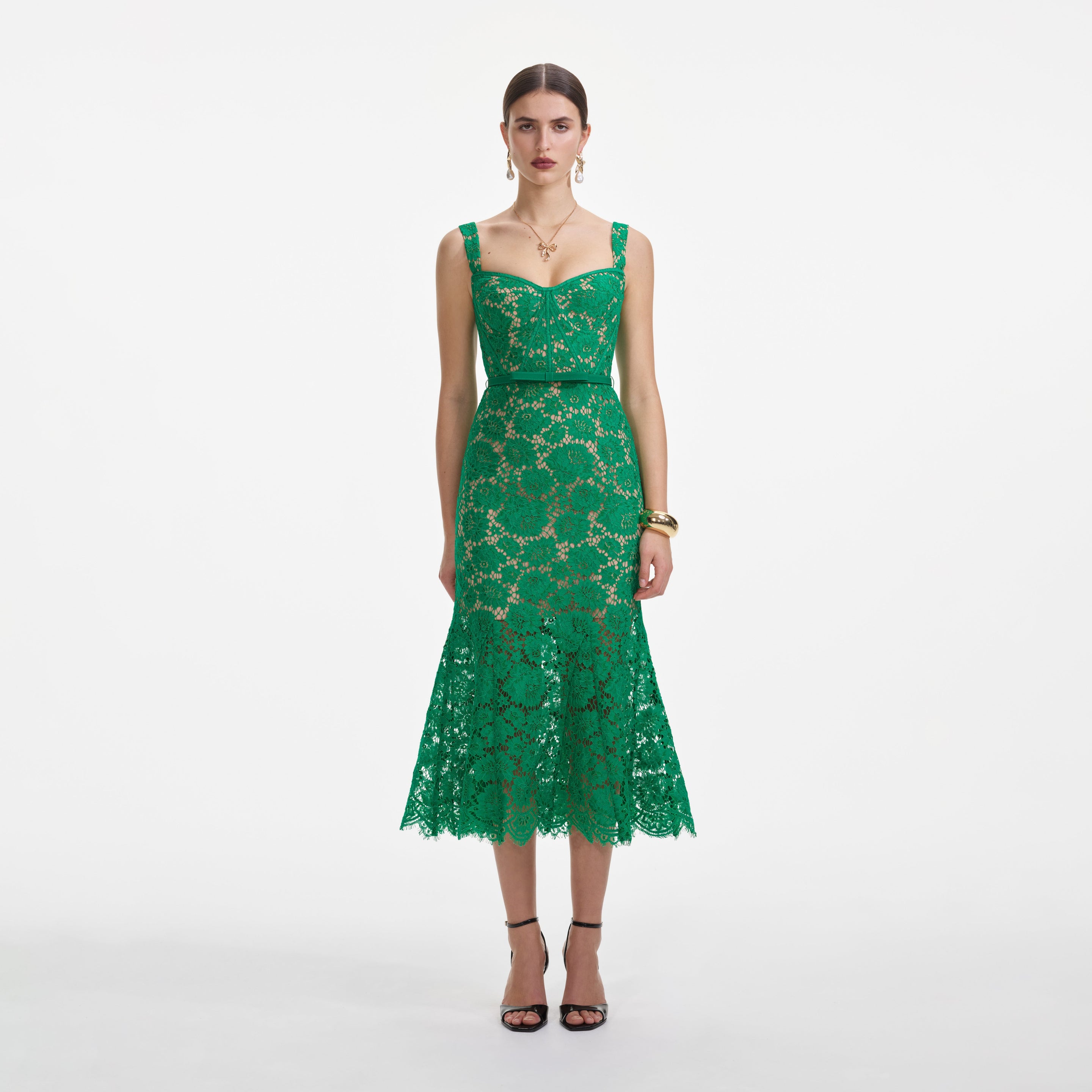 Green Fine Lace Midi Dress – self-portrait-US