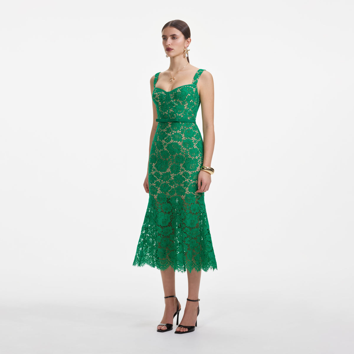 self-portrait - Green Fine Lace Midi Dress - US 0 self-portrait - Green Fine Lace Midi Dress - US 0