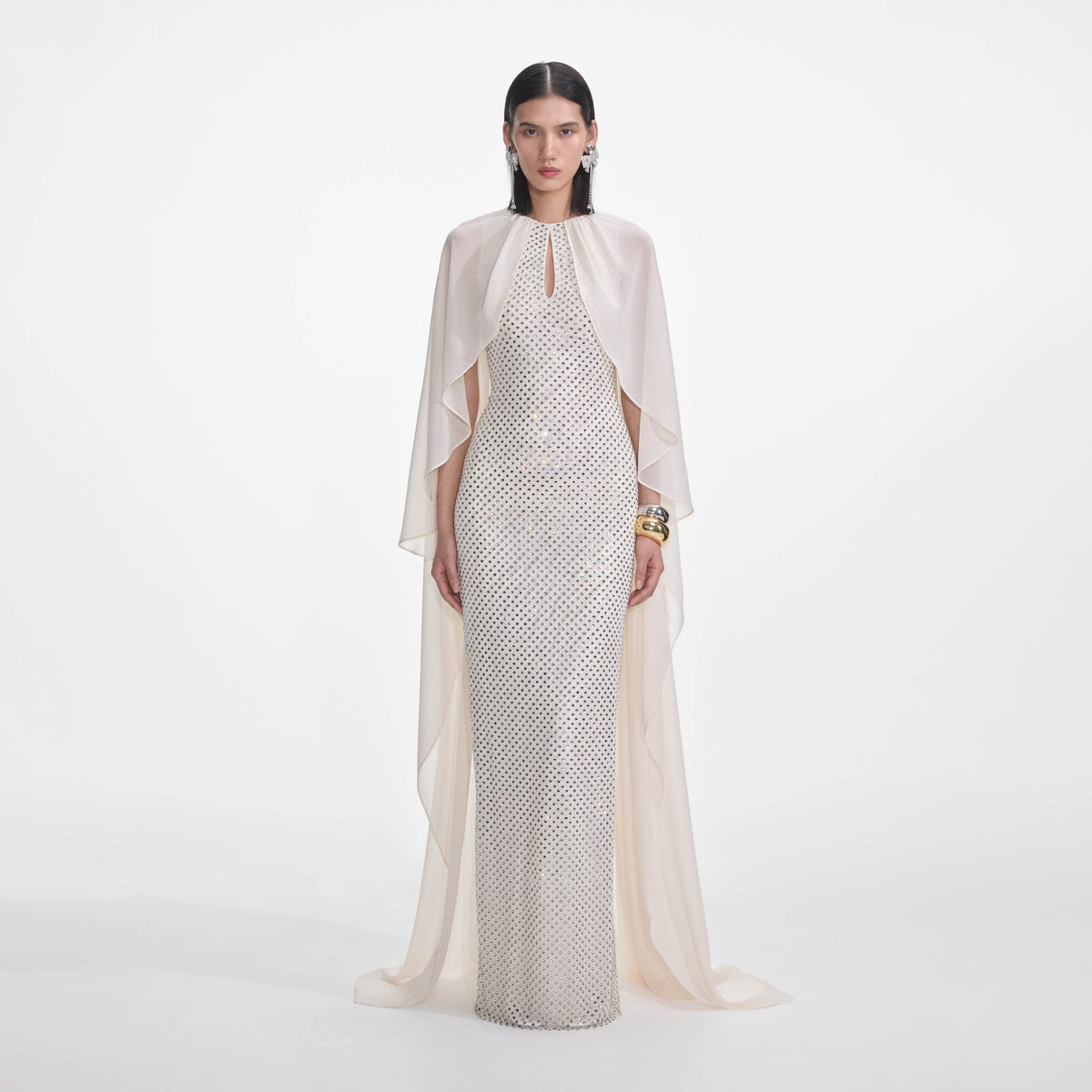 self portrait beaded maxi dress Crystal-embellished stretch-mesh maxi dress - cream