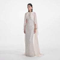 Cream Rhinestone Cape Maxi Dress