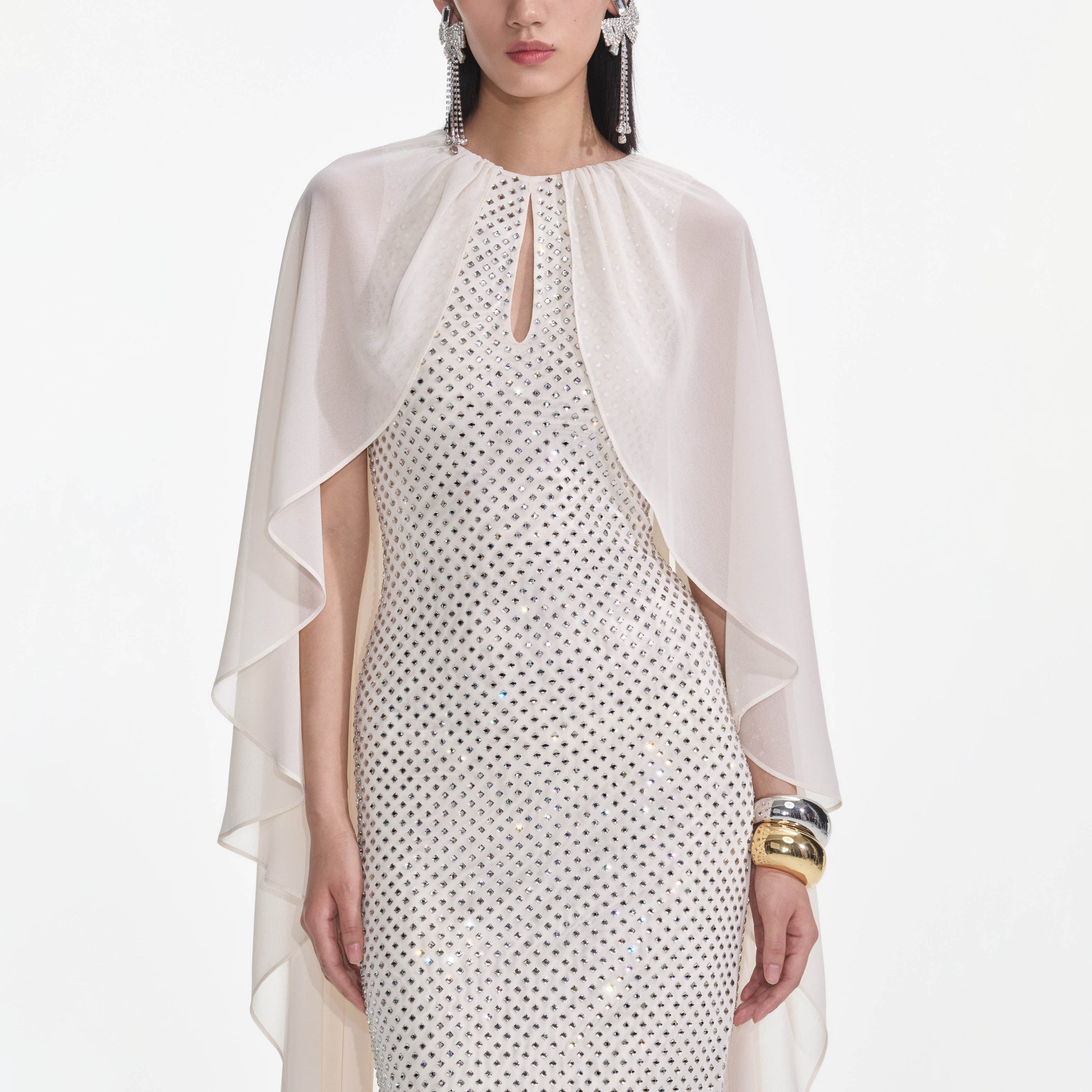 Cream Rhinestone Cape Maxi Dress