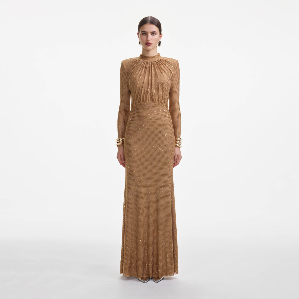 Brown Rhinestone Gathered Maxi Dress – self-portrait-US