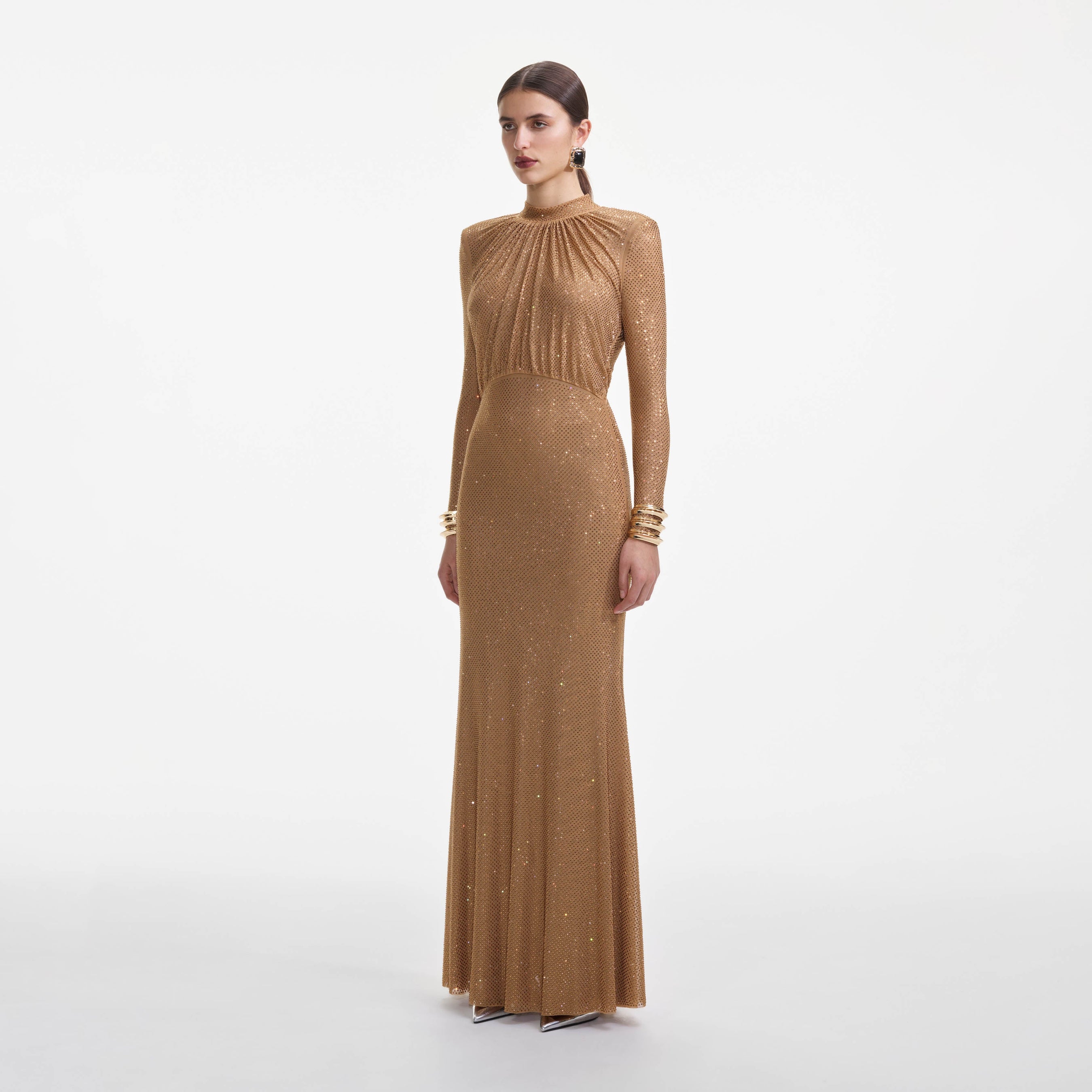 Brown Rhinestone Gathered Maxi Dress