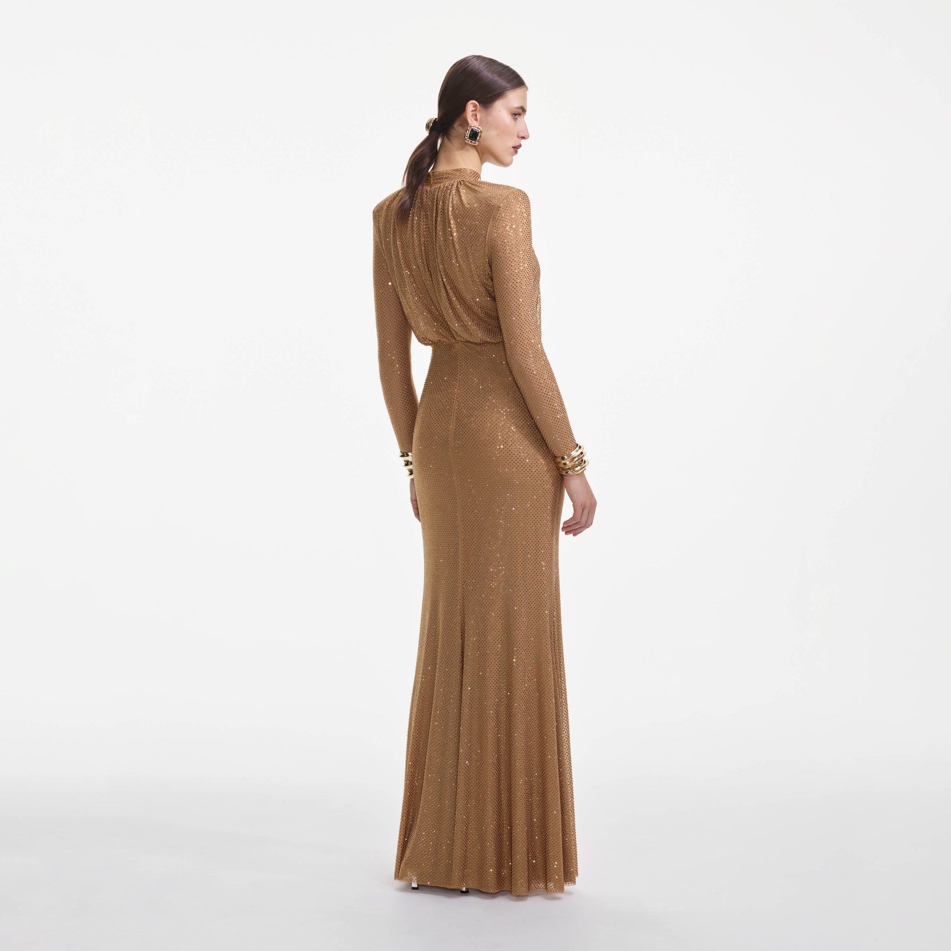 Back view of a woman wearing the Brown Rhinestone Gathered Maxi Dress