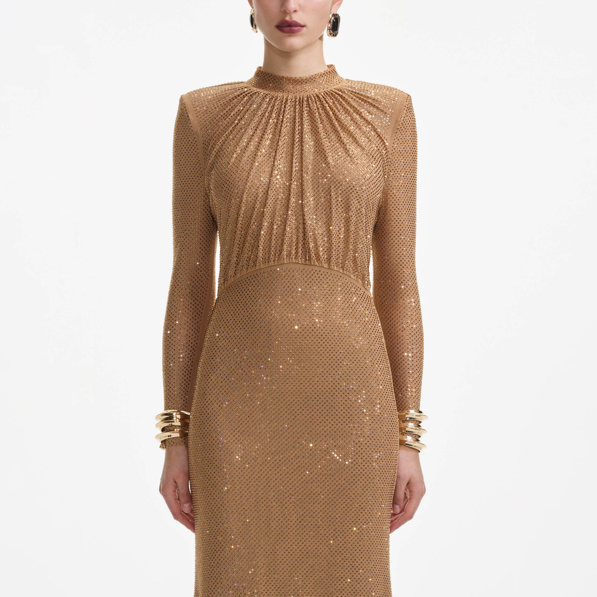 self portrait brown sequin maxi dress Self-portrait - Brown Rhinestone Mesh Maxi Dress