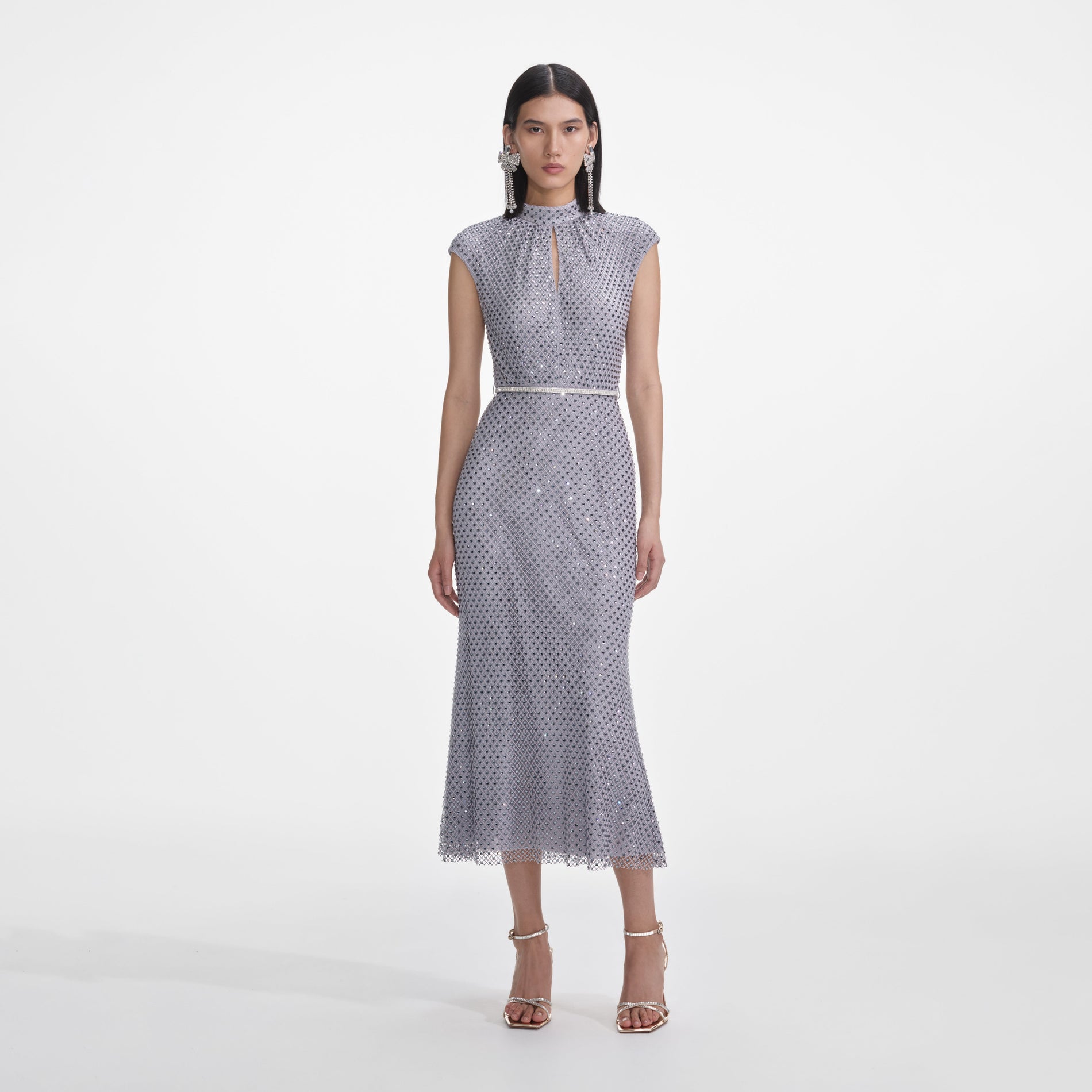 Grey Rhinestone Fishnet Midi Dress