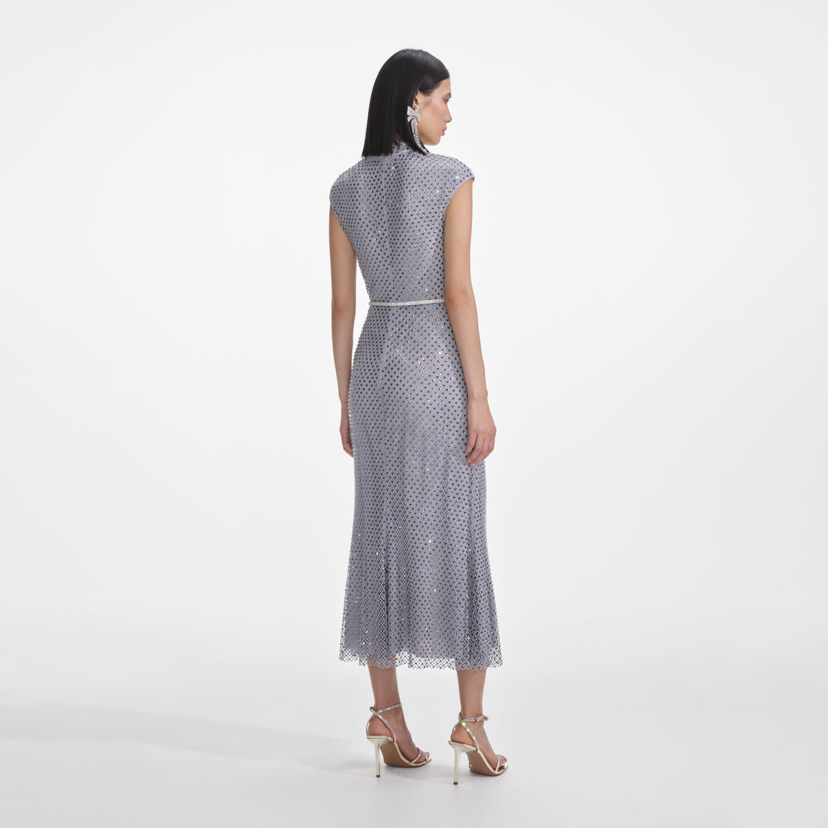 fishnet midi dress self-portrait - Black Rhinestone Fishnet Crossover Midi Dress