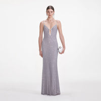 Grey Square Rhinestone Fishnet Maxi Dress