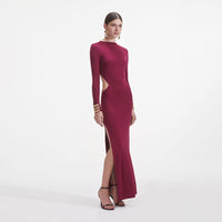 Burgundy Jersey Gathered Midi Dress