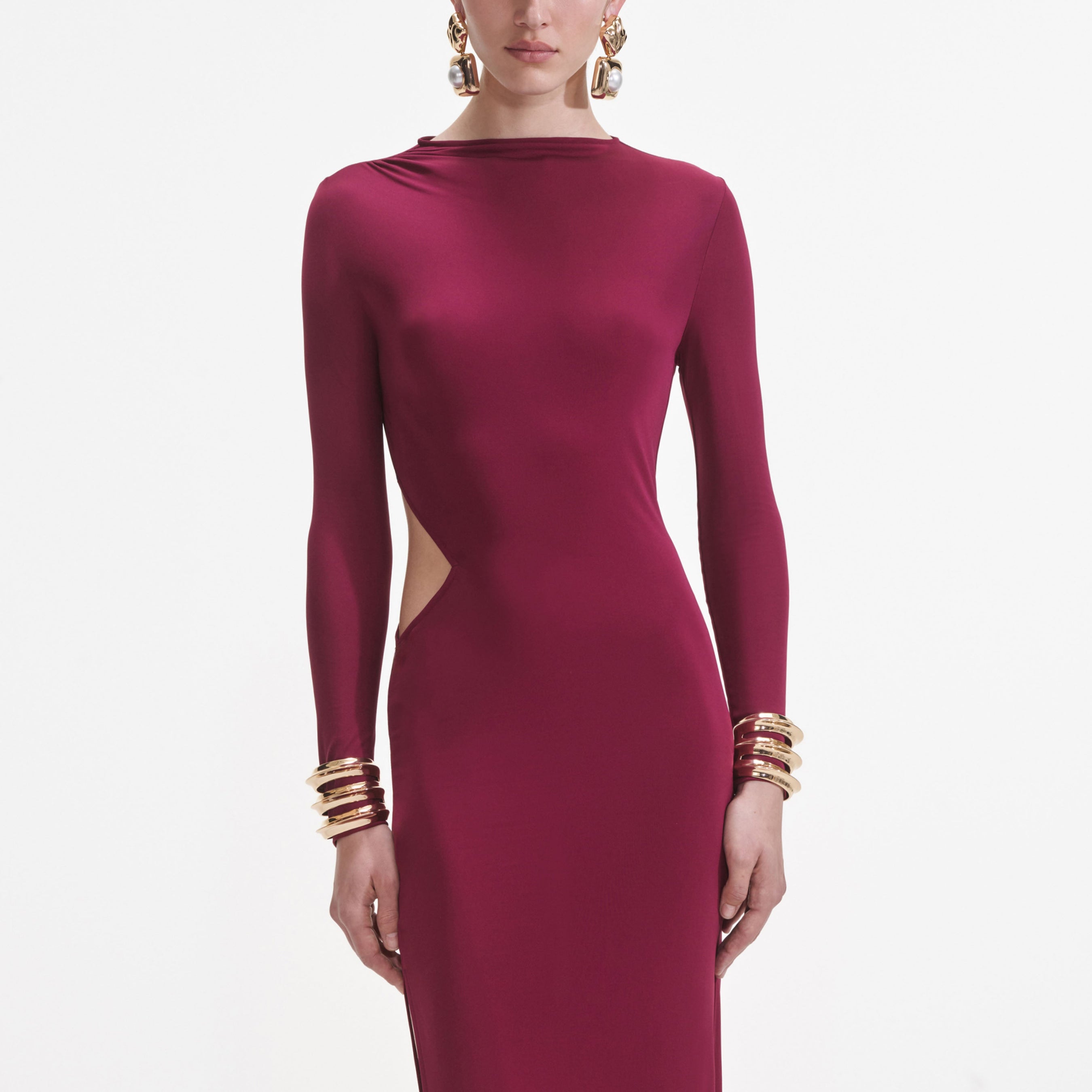 Burgundy Jersey Gathered Midi Dress