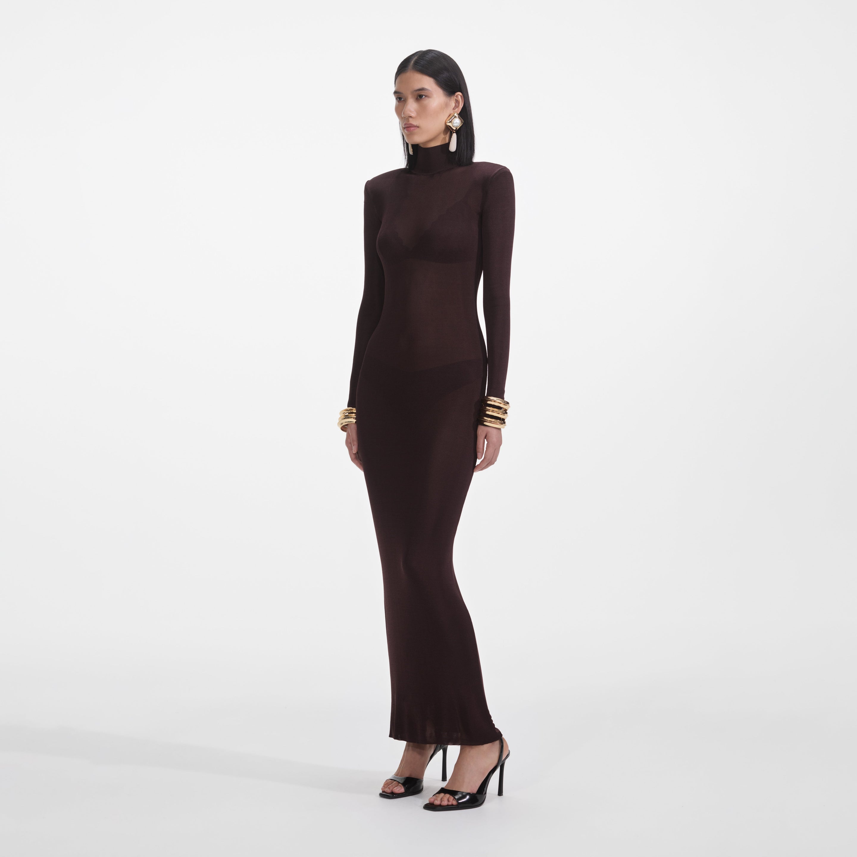 brown self portrait dress self-portrait long Draped Dress