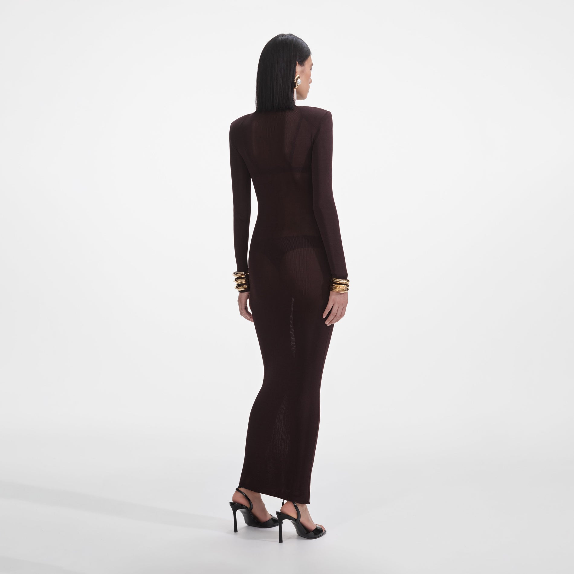 Back view of a woman wearing the Brown Viscose Knit Maxi Dress