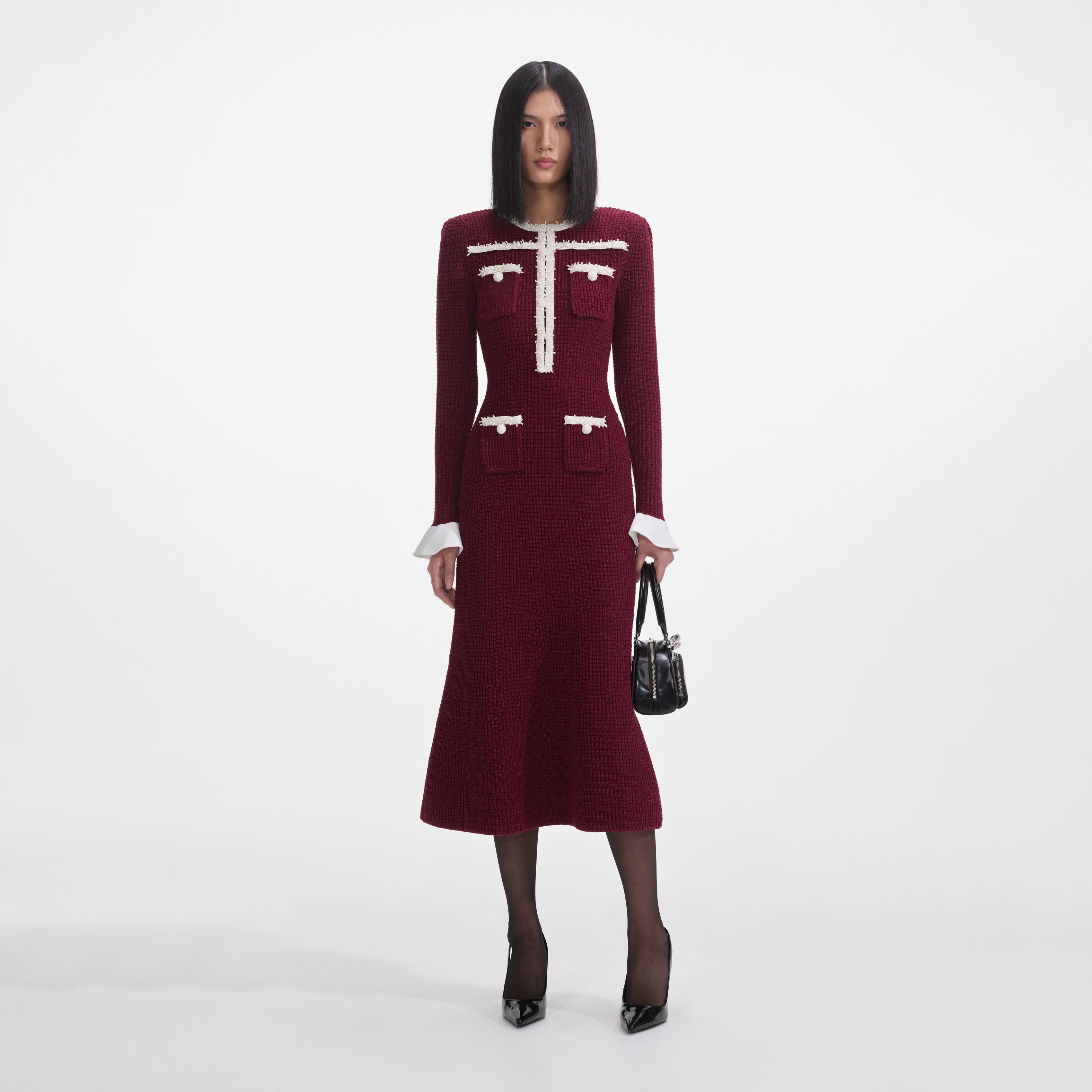 Black Pearl Trim Knit Midi Dress – self-portrait-US